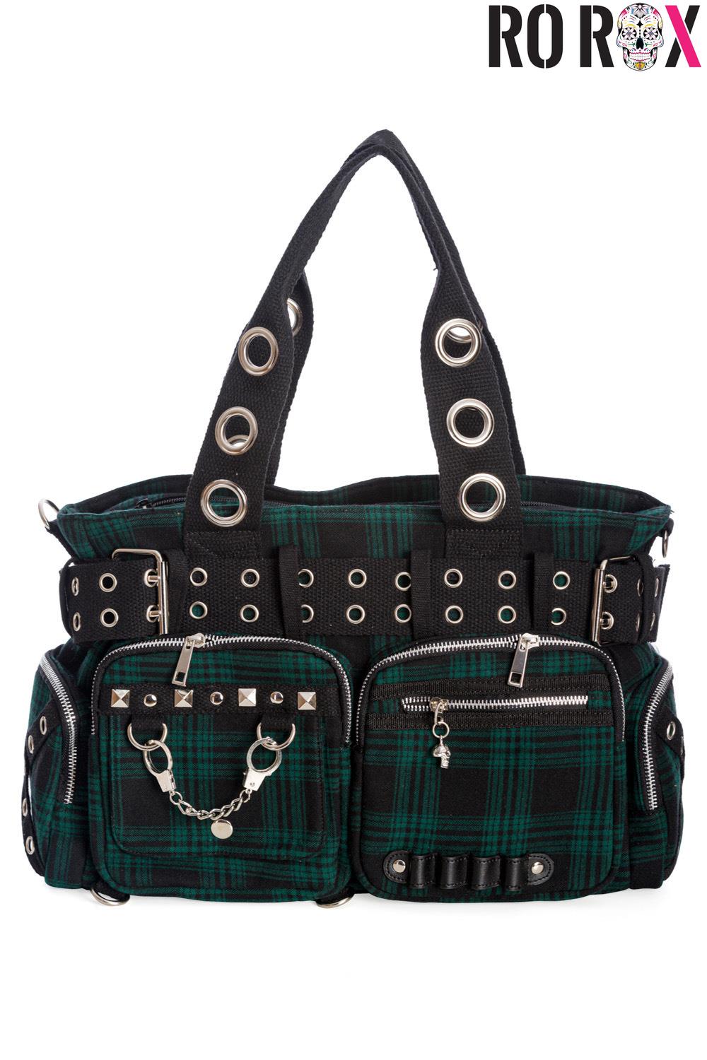 Banned Camdyn Shoulder Bag Tartan Plaid Check Grunge Punk Handcuff Detailing - Picture 14 of 17