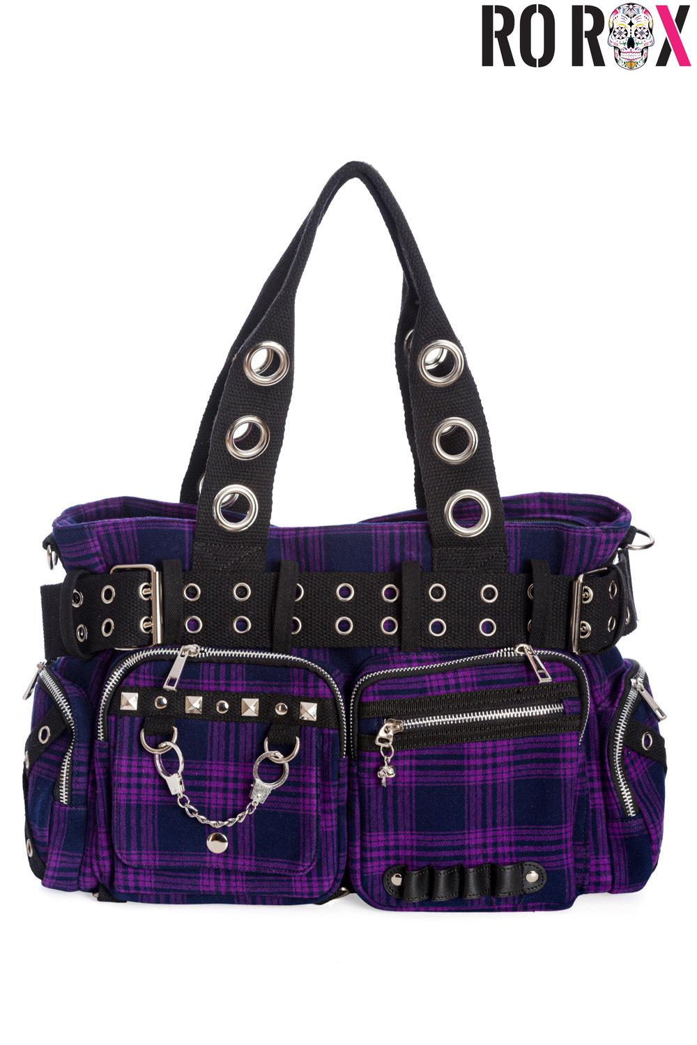 Banned Camdyn Shoulder Bag Tartan Plaid Check Grunge Punk Handcuff Detailing - Picture 6 of 17