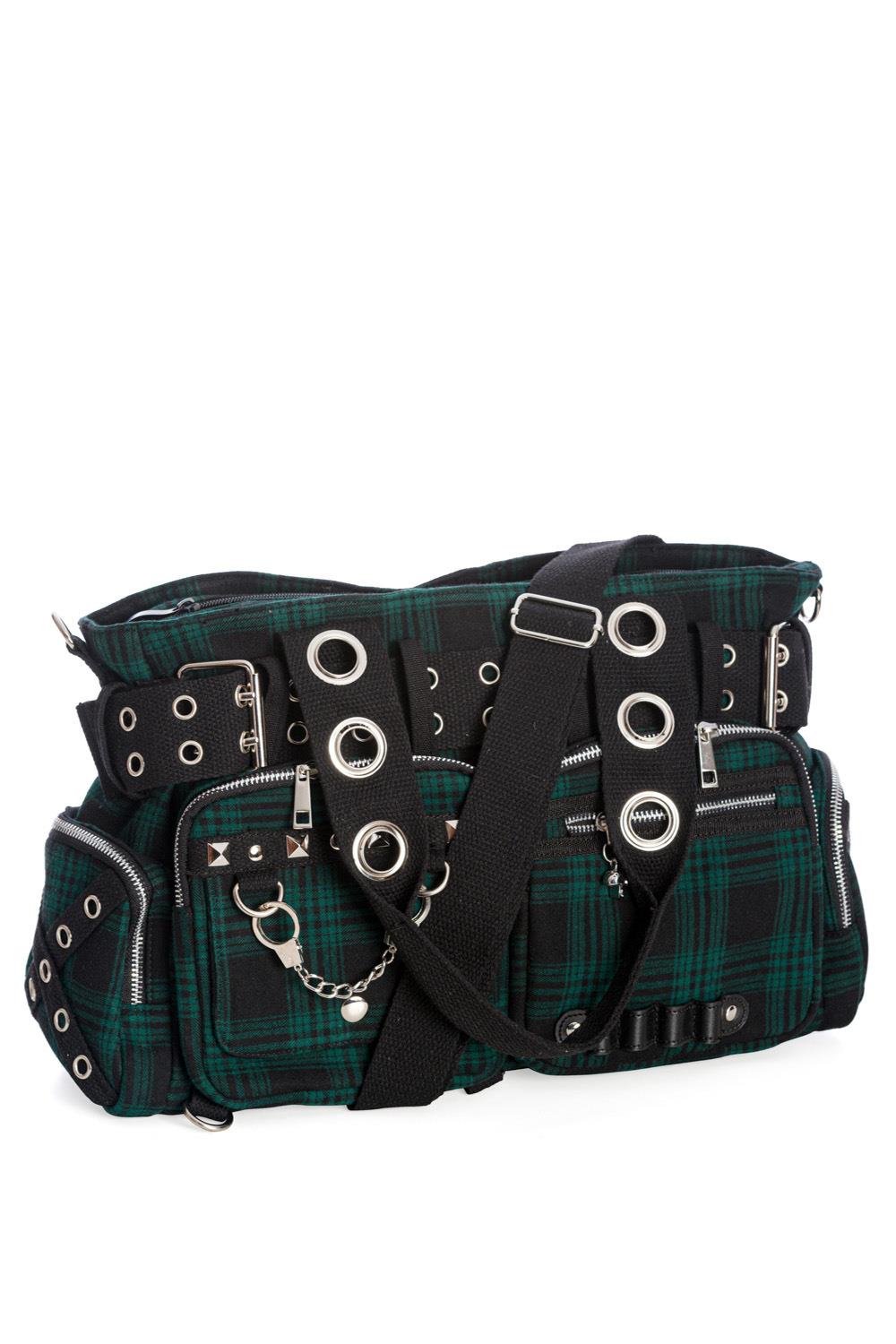 Banned Camdyn Shoulder Bag Tartan Plaid Check Grunge Punk Handcuff Detailing - Picture 15 of 17