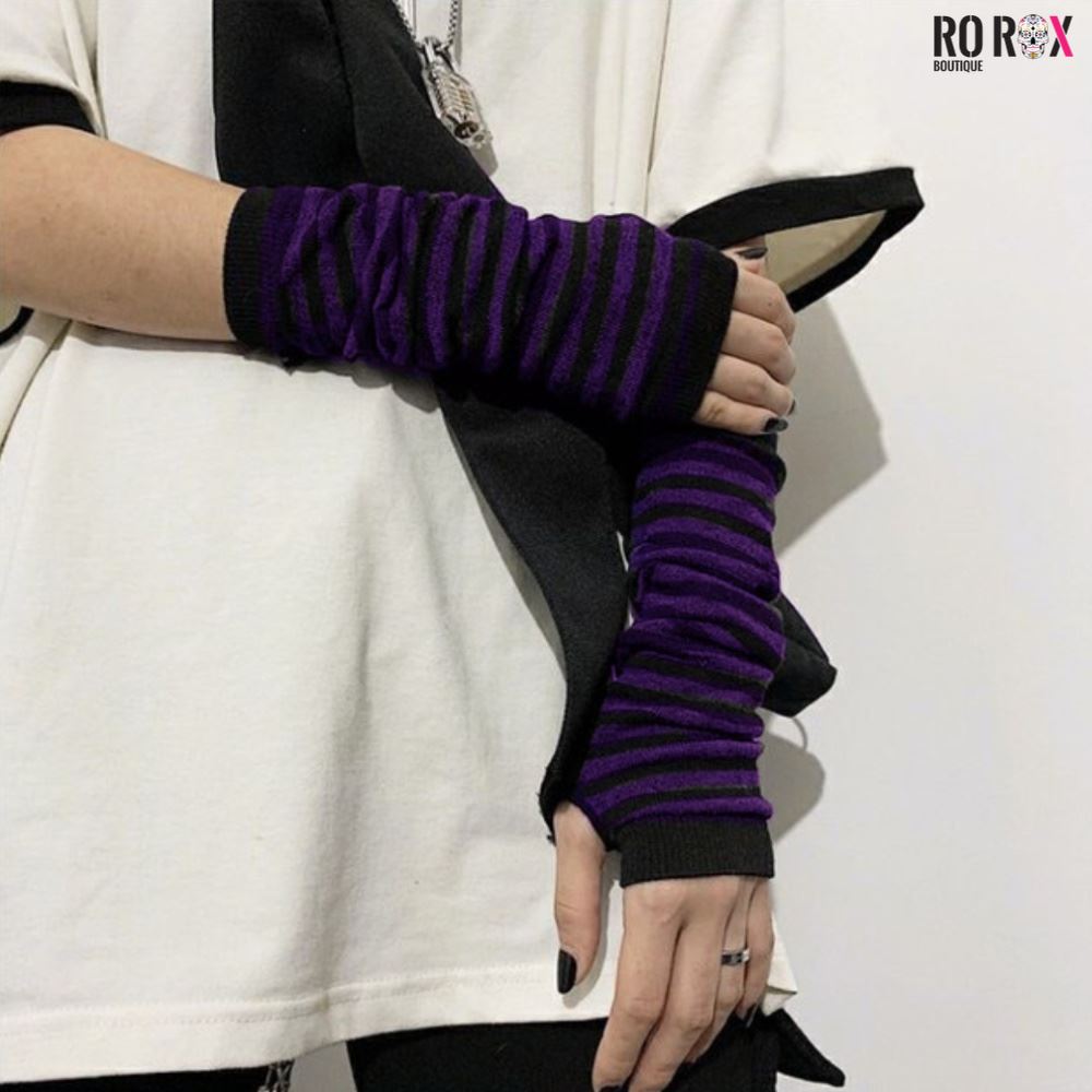 Ro Rox Gothic Striped Armwarmers Fingerless Thumbhole Elbow Gloves Knitted Punk - Picture 4 of 9