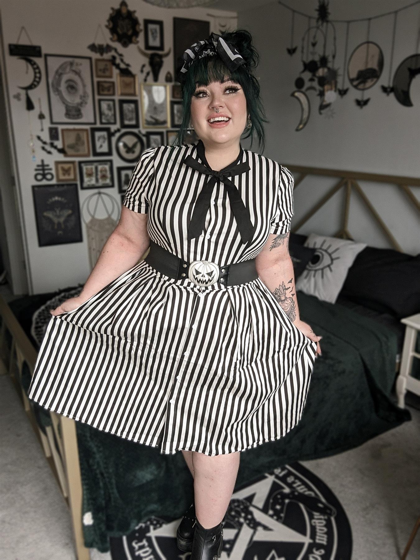 Lilith Stripe Dress Ro Rox Midi Short Sleeve Button Down Gothic Sexy Alternative - Picture 8 of 15