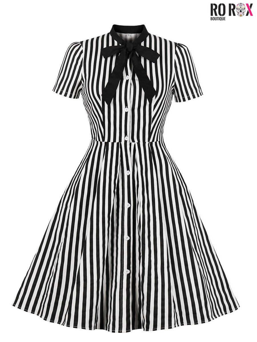 Lilith Stripe Dress Ro Rox Midi Short Sleeve Button Down Gothic Sexy Alternative - Picture 3 of 15