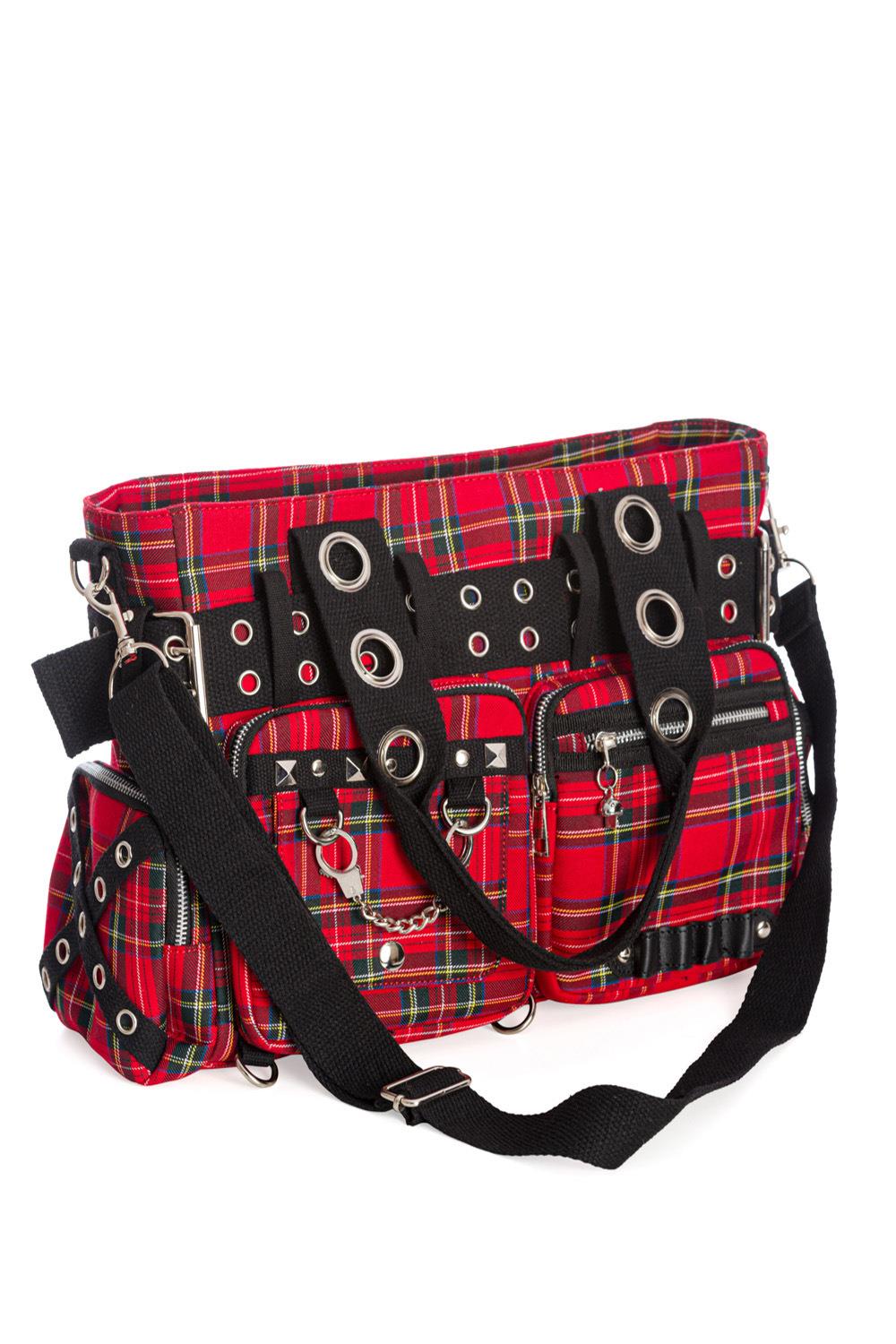 Banned Camdyn Shoulder Bag Tartan Plaid Check Grunge Punk Handcuff Detailing - Picture 11 of 17