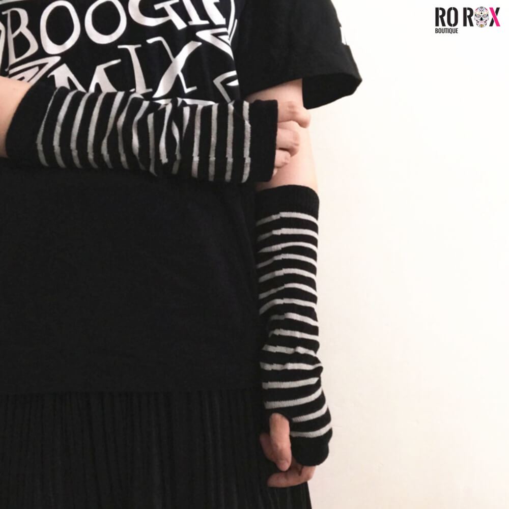 Ro Rox Gothic Striped Armwarmers Fingerless Thumbhole Elbow Gloves Knitted Punk - Picture 2 of 9