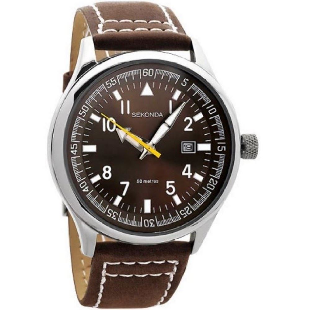 sekonda men's brown leather strap watch