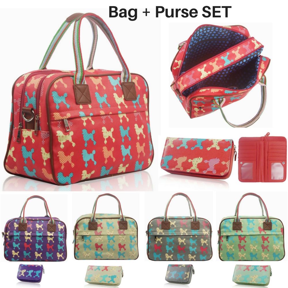 Women's Poodle Dog Oilcloth Handbag Purse SET Girl Matching Canvas
