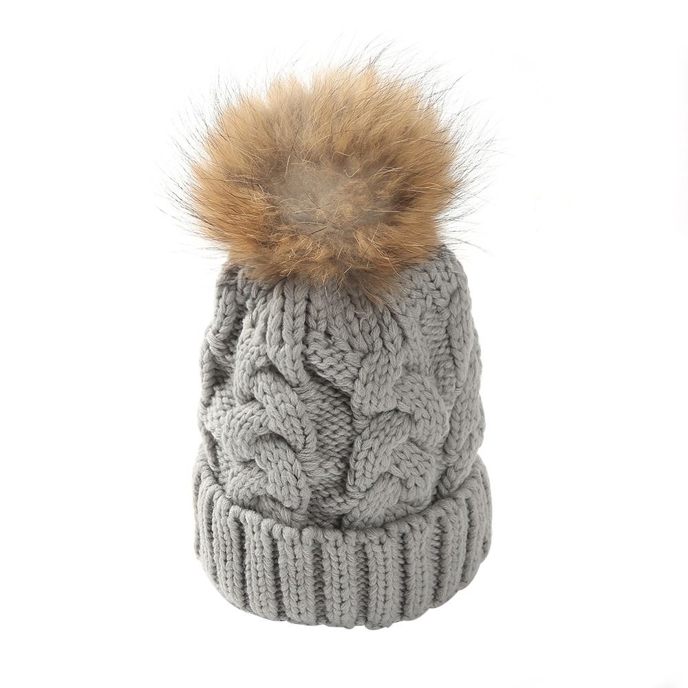 detachable fur pom hat pom Cable Faux Fur Knit Womens Beanie Winter Knitted