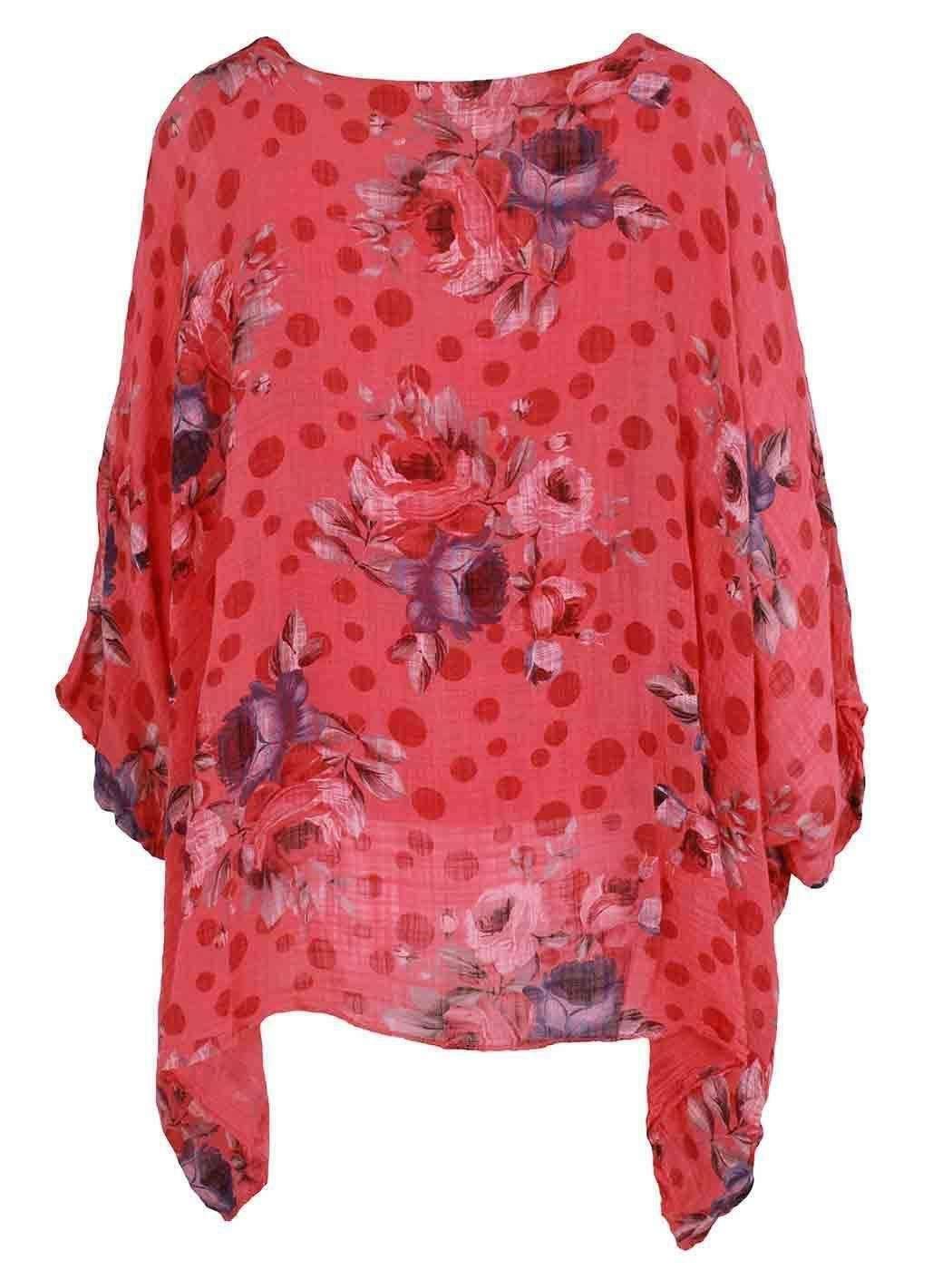 Ladies Italian Floral Spot Lagenlook Batwing Cotton Linen Tunic Top