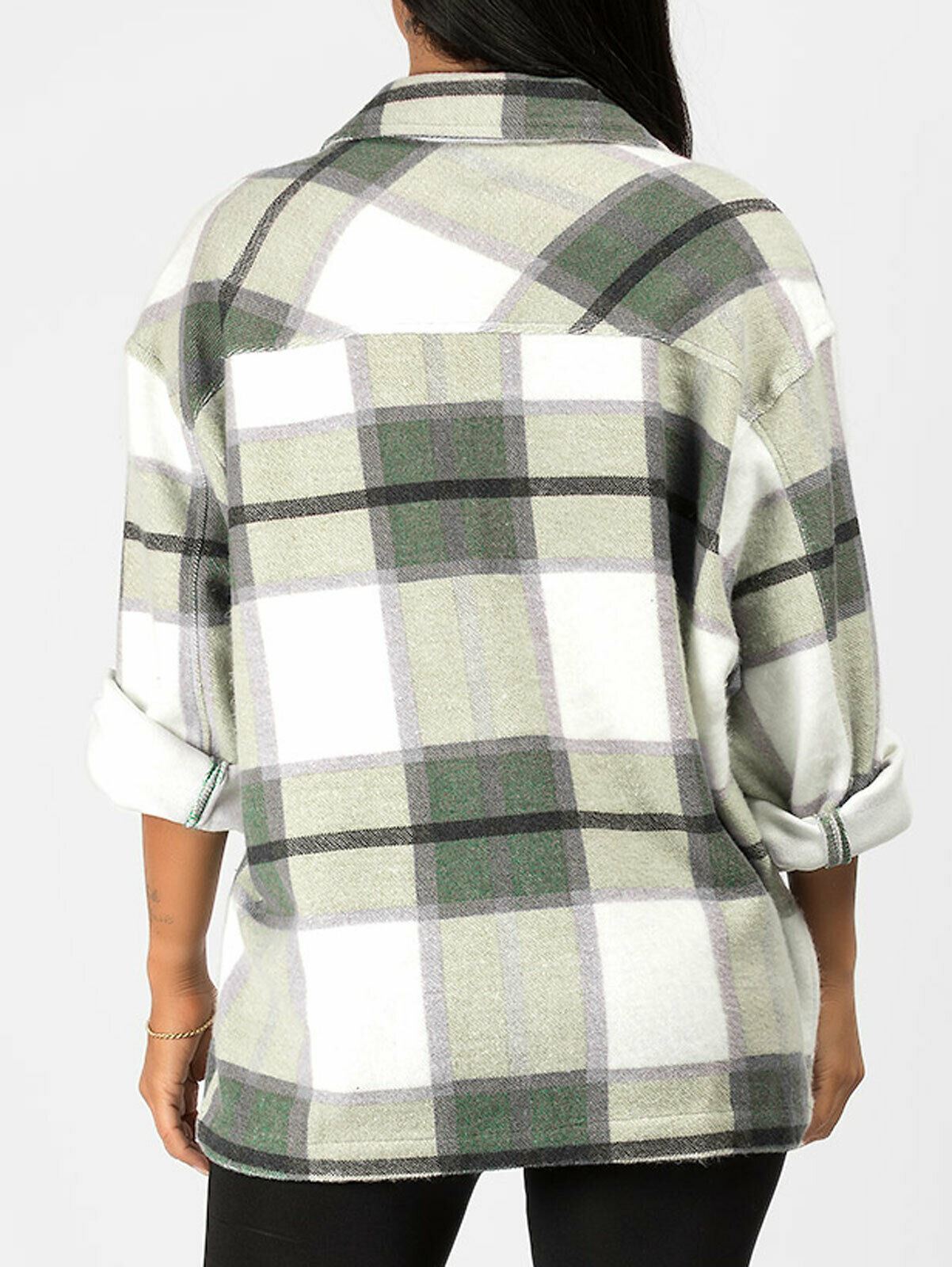 Womens Check Shacket Fleece Casual Jacket Top Shirt Coat Tunic Oversize Baggy