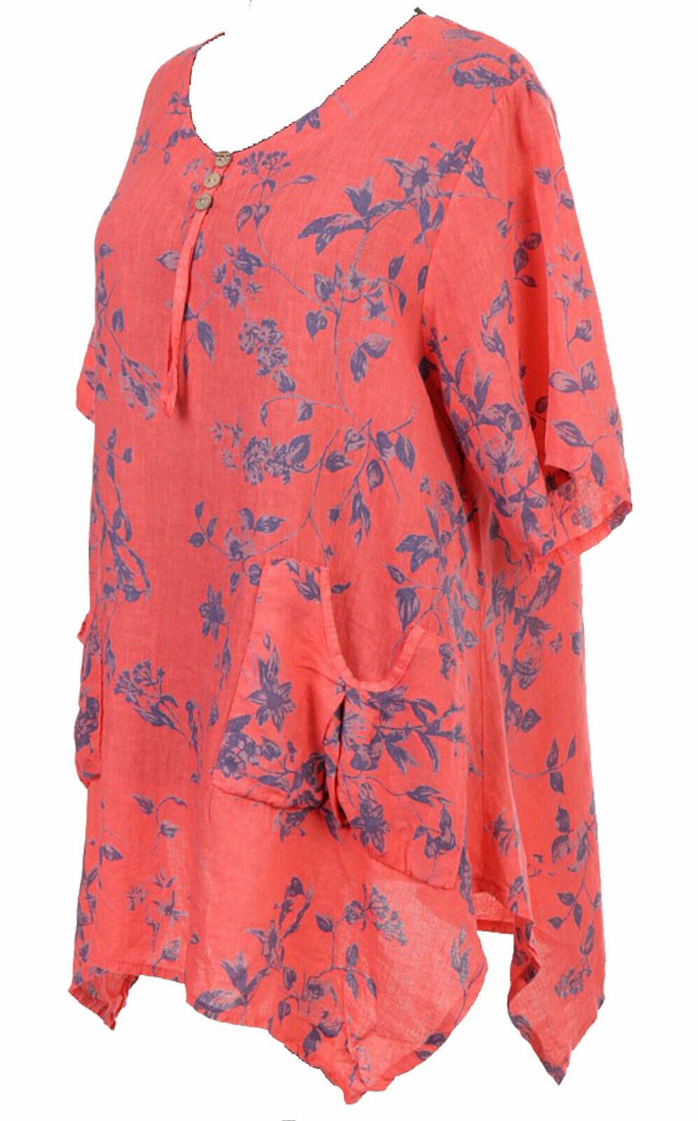 Womens Italian Lagenlook Quirky 3 Button V Neck Floral Linen Plus Size