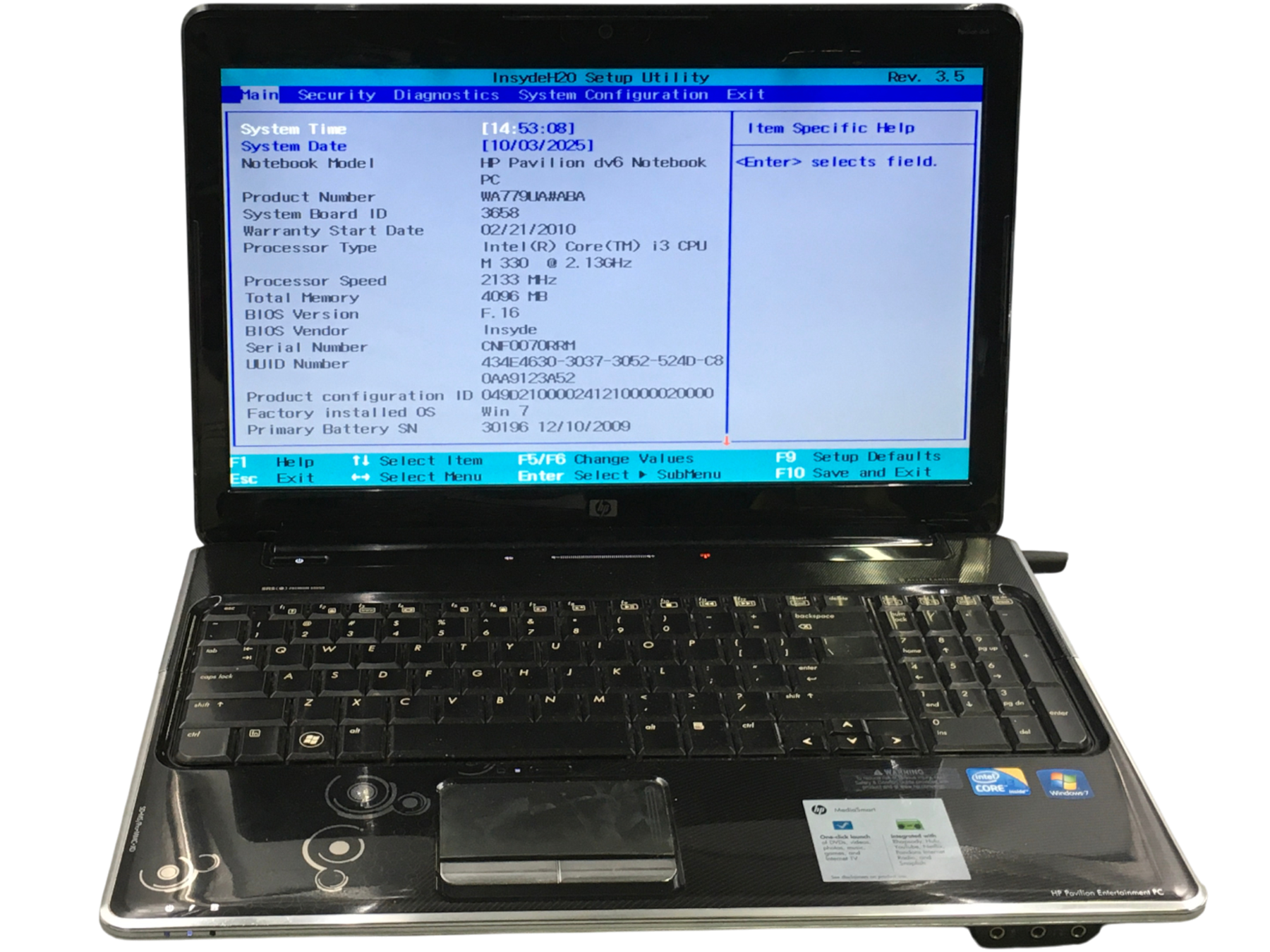 HP Pavilion dv6 Laptop Core i3M330@2.13 ,4 GB RAM 320GB HDD|NO OS