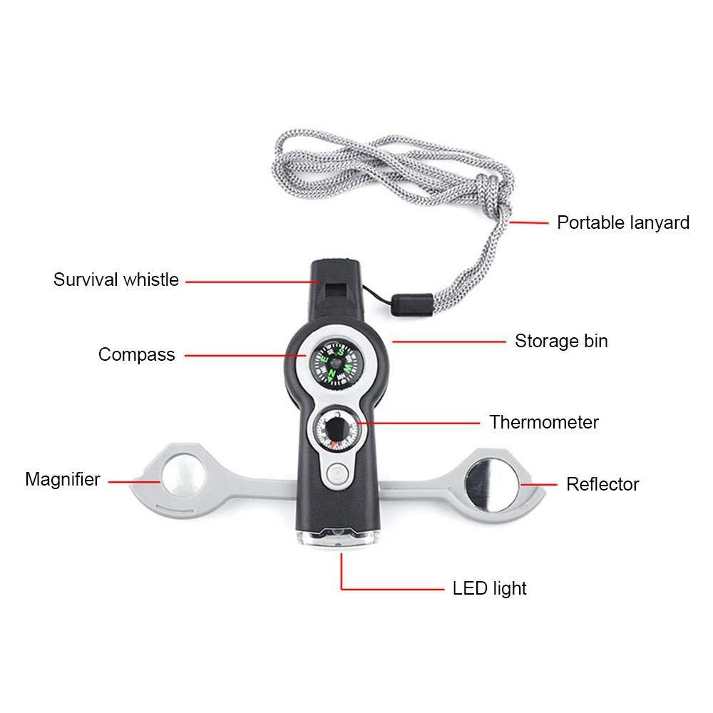 Multifunzione 7 in 1 Fischio Di Sopravvivenza Termometro Della Bussola Del Led Flash Light Touch Magnifier Outdoor Sports Essenziale Strumento