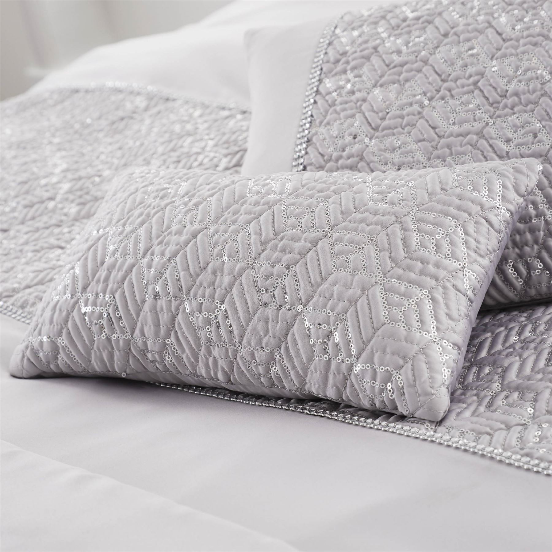 HLC Sequin Diamante Trim Luxury Duvet Cover Bedding Set Cushions Quilted Runner