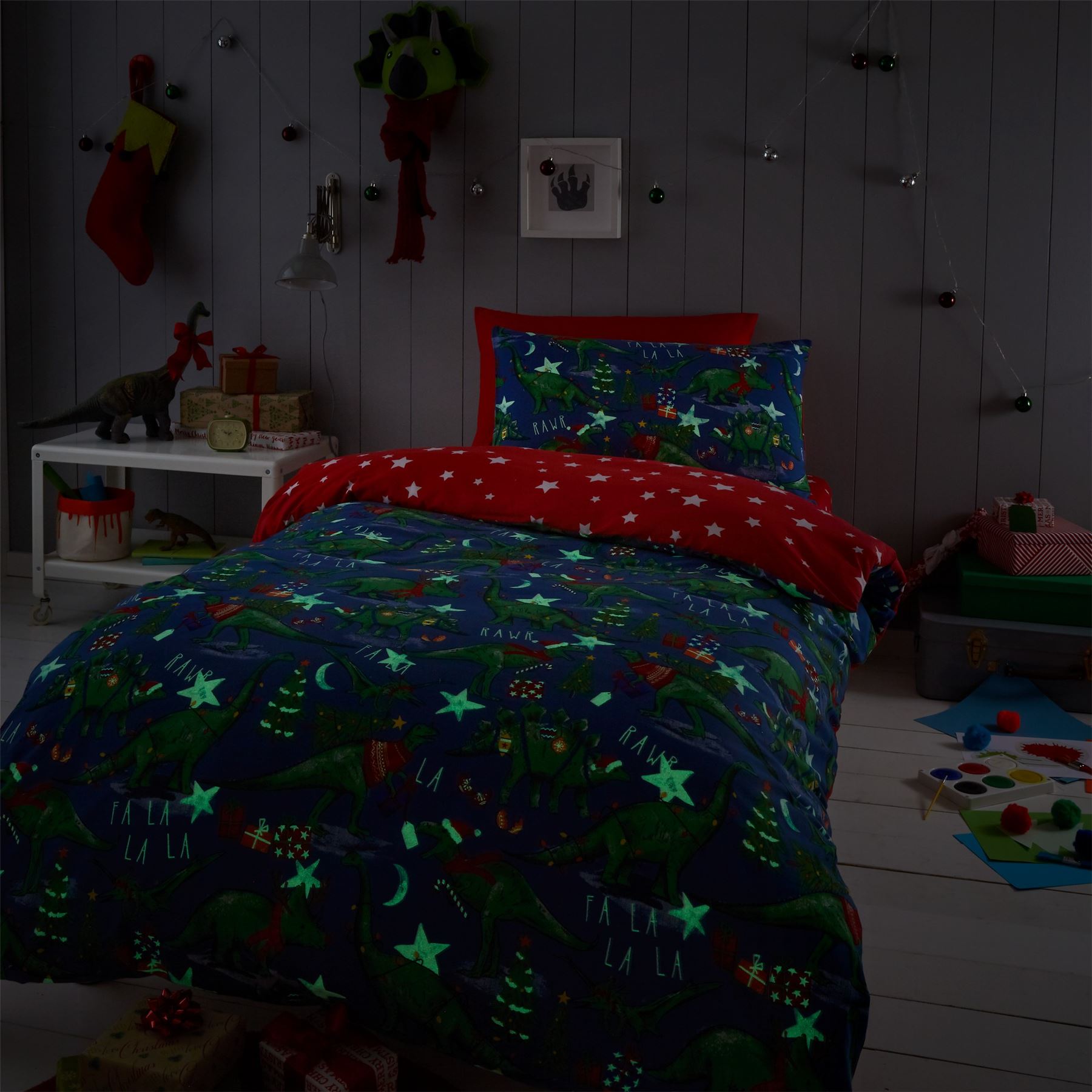 HLC Girls Boys Kids Christmas Dinosaur Glow In The Dark Duvet Cover Curtains - Picture 12 of 21