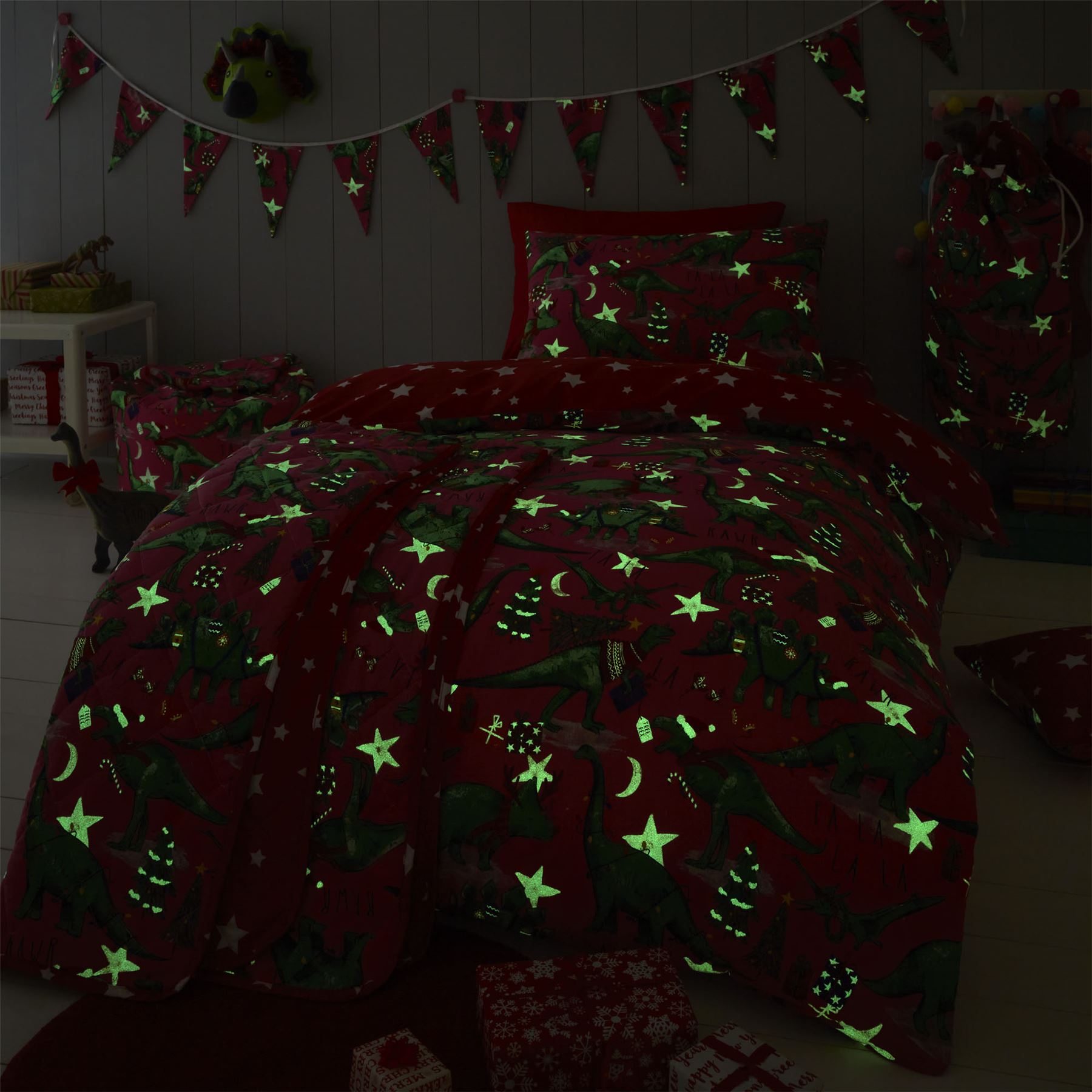 HLC Girls Boys Kids Christmas Dinosaur Glow In The Dark Duvet Cover Curtains - Picture 16 of 21