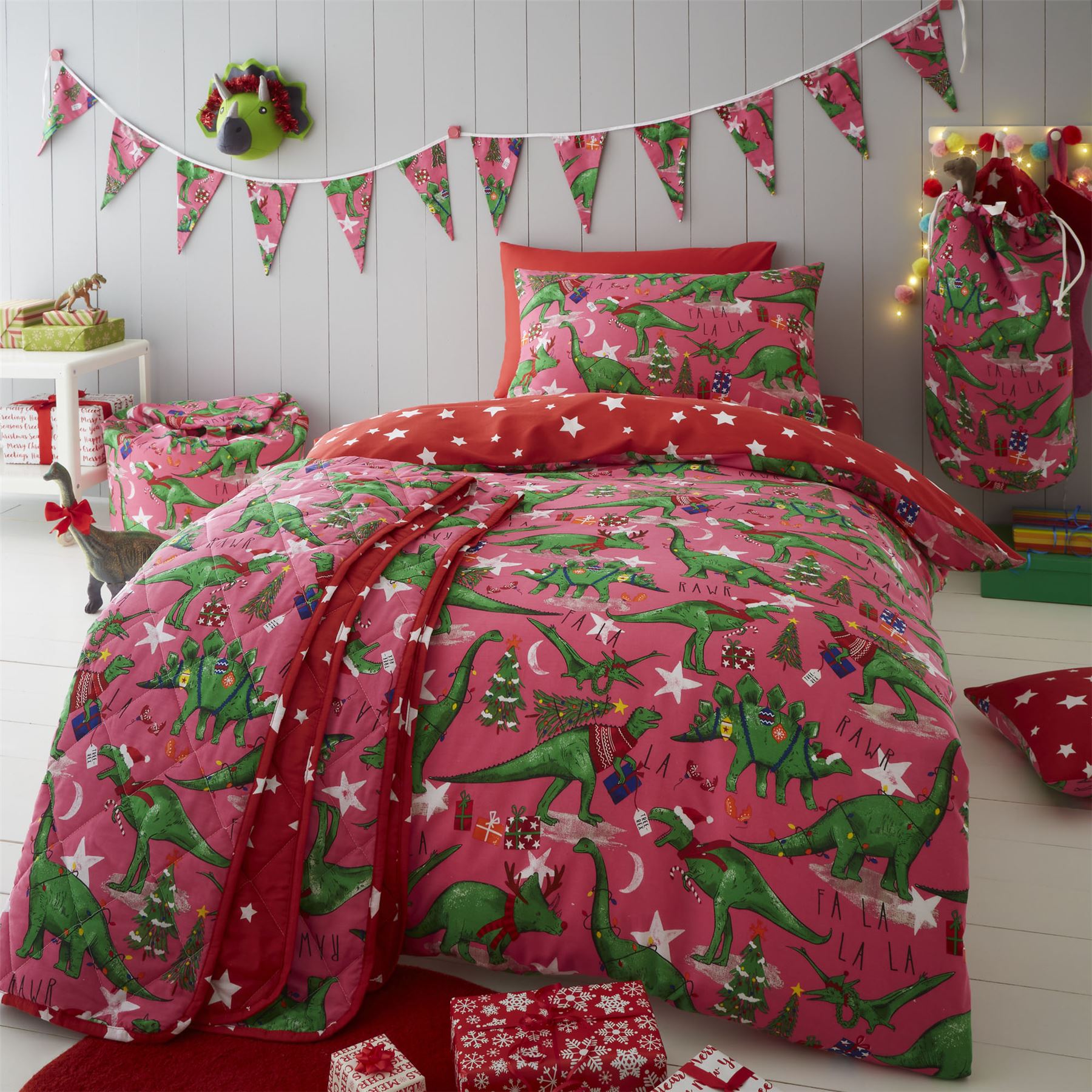 HLC Girls Boys Kids Christmas Dinosaur Glow In The Dark Duvet Cover Curtains - Picture 13 of 21