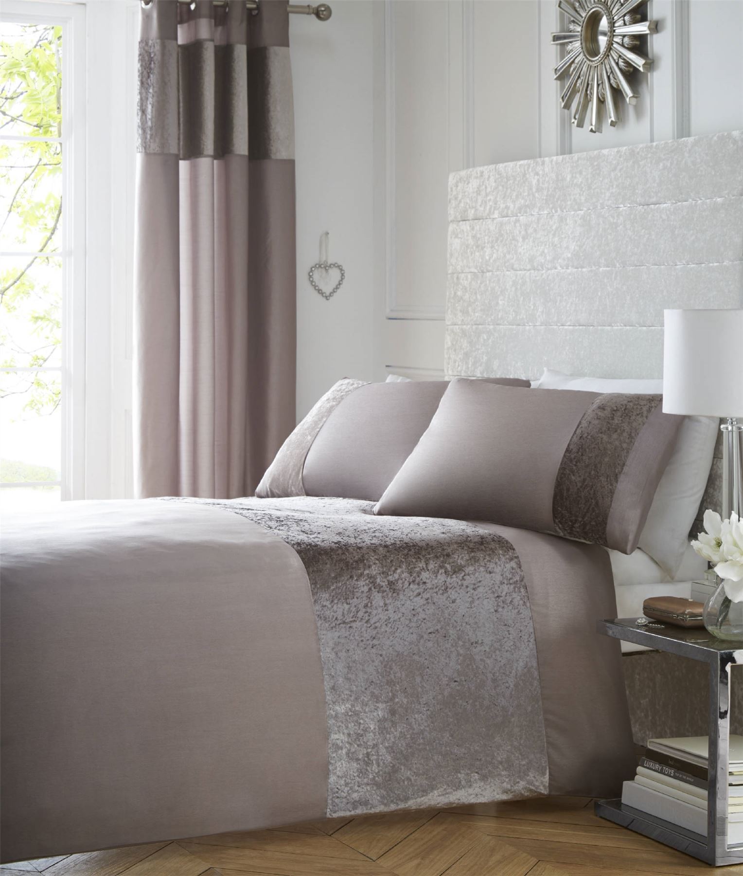 Luxury Crushed Velvet Panel Duvet Cover Bedding Set Curtains Cushion