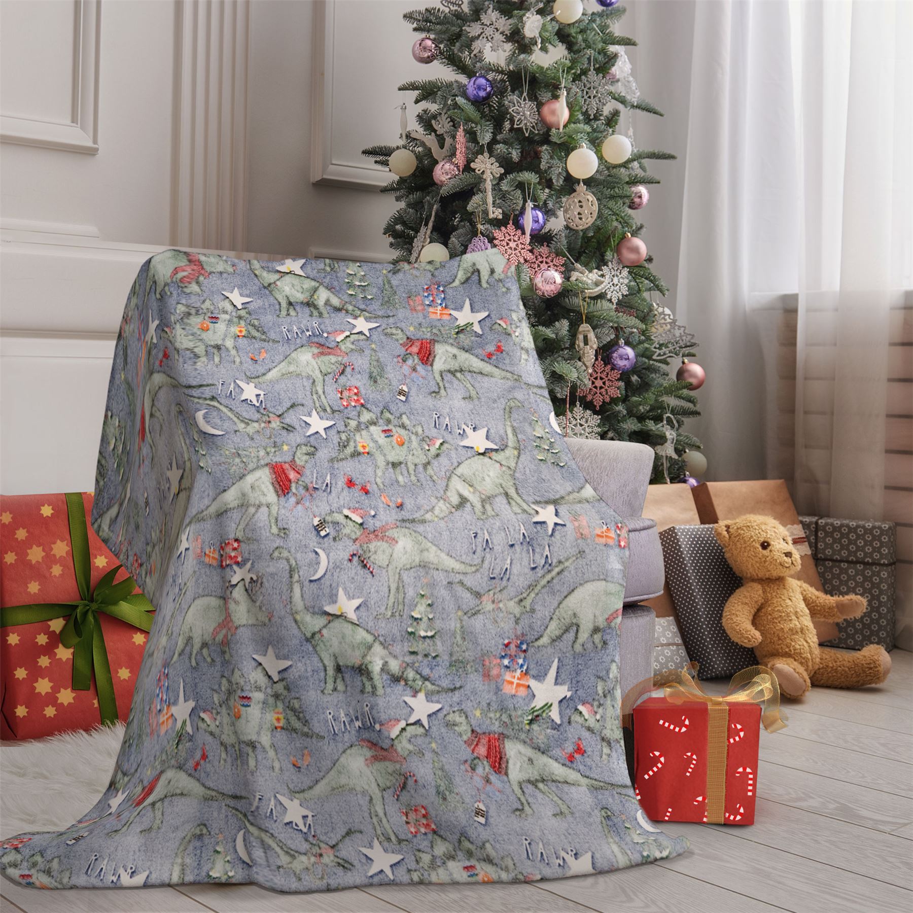 HLC Girls Boys Kids Christmas Dinosaur Glow In The Dark Duvet Cover Curtains - Picture 20 of 21
