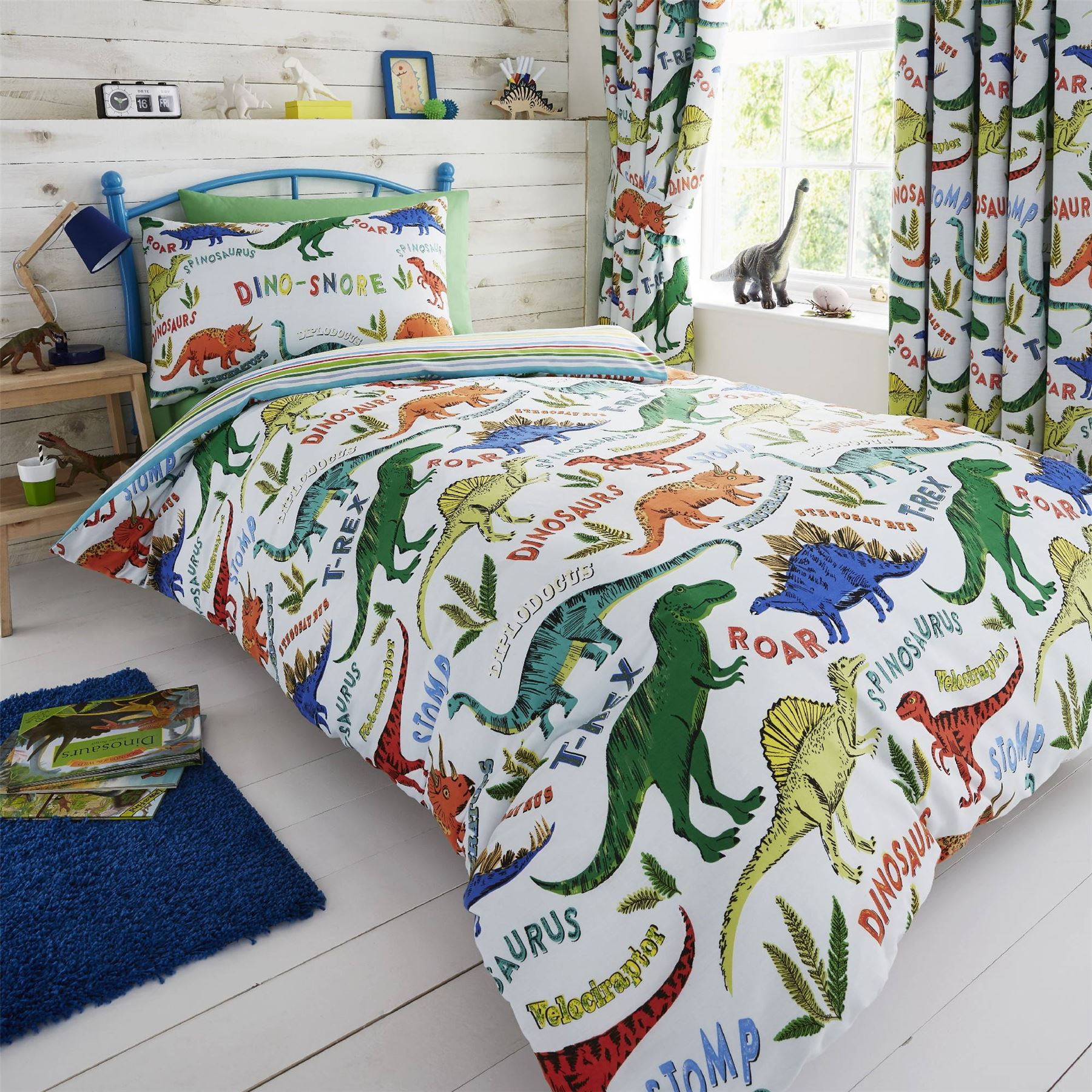 HLC Boys Girls Dinosaur Park Jurassic Green Reversible Duvet Cover Curtains - Picture 37 of 56