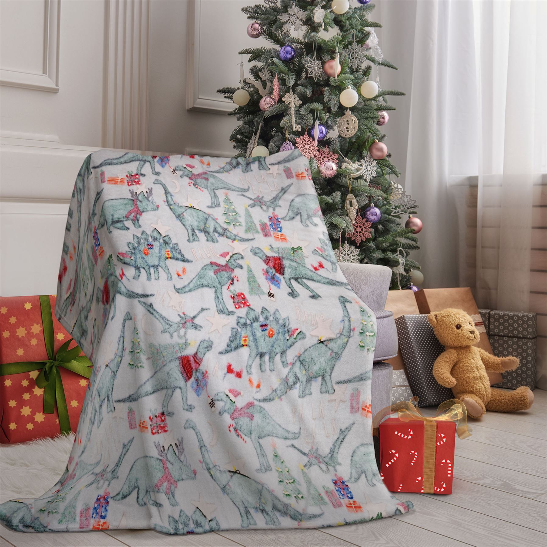 HLC Girls Boys Kids Christmas Dinosaur Glow In The Dark Duvet Cover Curtains - Picture 7 of 21