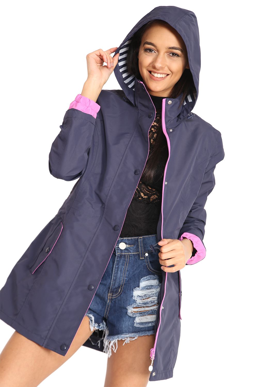 New Womens Hooded Plain Lightweight Rain Waterproof Jacket Rain Mac Coat