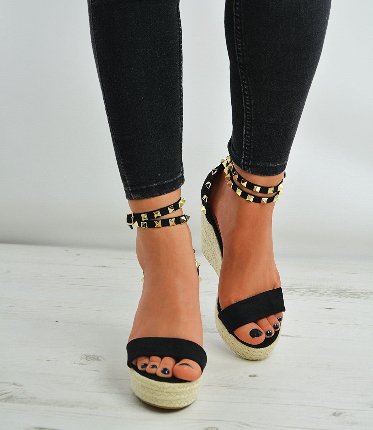 New Womens Womens Womens Studded Wedge Suede Effect Espadrille Ankle Strap shoes 5ede01 New Womens Womens Womens Studded Wedge Suede Effect Espadrille Ankle Strap shoes 5ede01