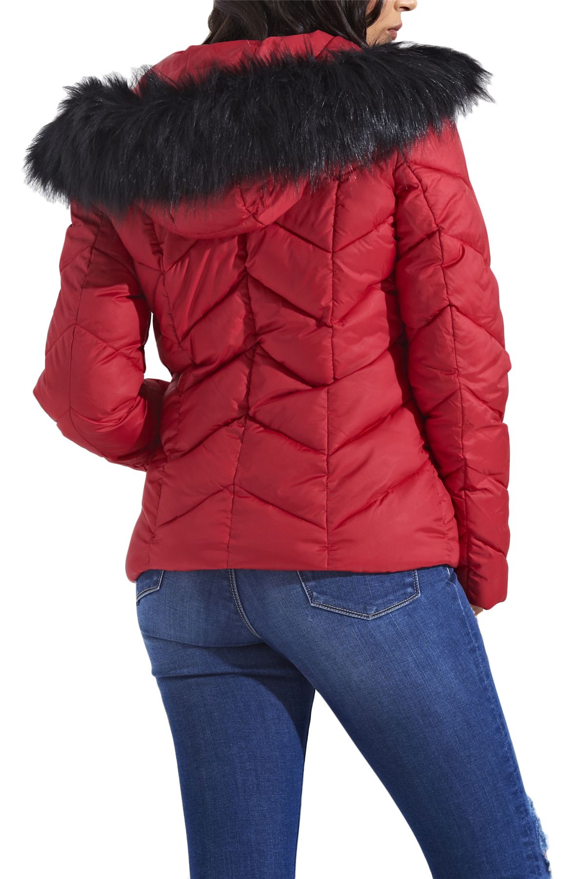 New Womens Chevron Quilted Zipped Puffer Padded Fur Hooded Jacket Coat | eBay