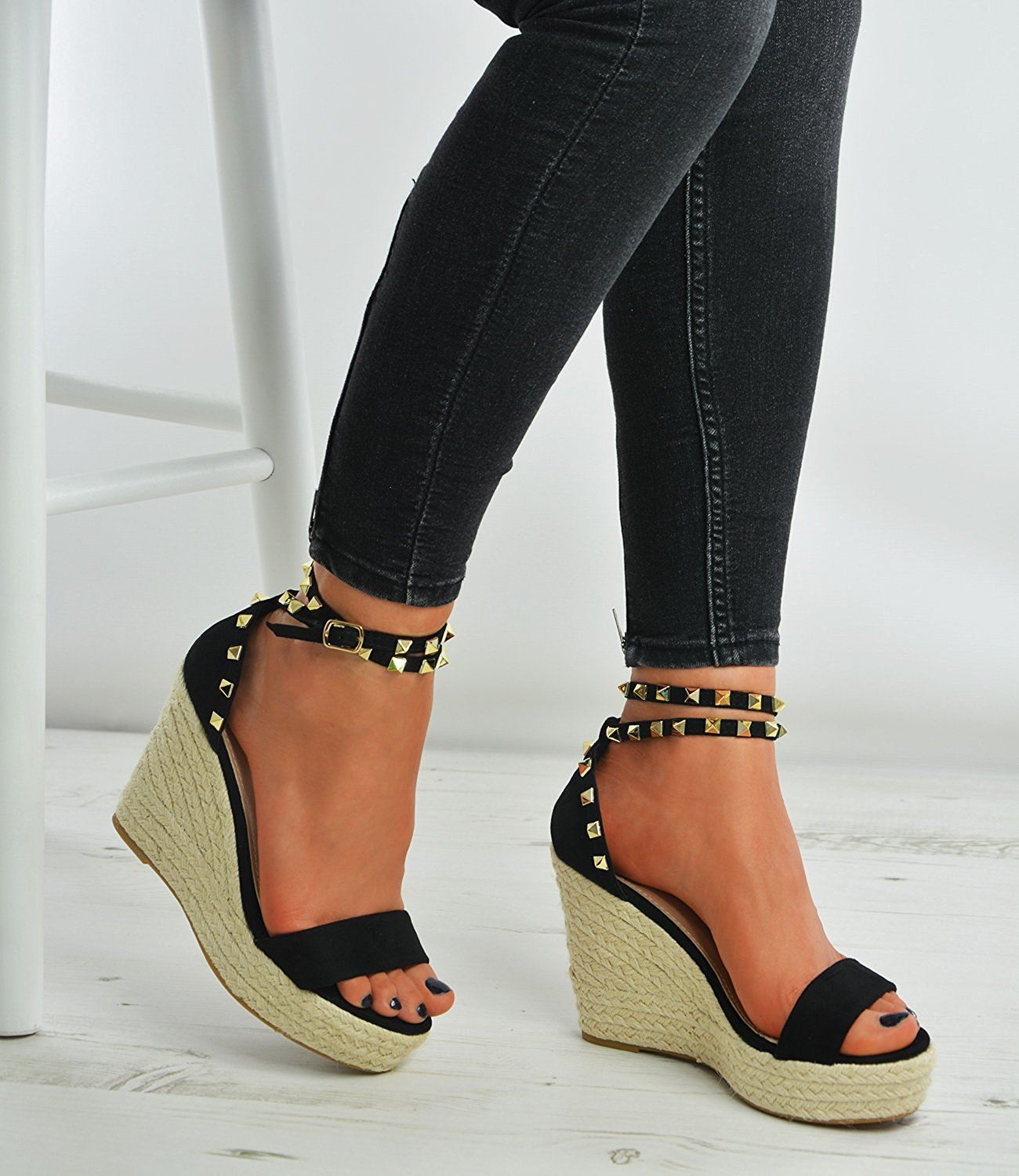 New Womens Womens Womens Studded Wedge Suede Effect Espadrille Ankle Strap shoes 5ede01 New Womens Womens Womens Studded Wedge Suede Effect Espadrille Ankle Strap shoes 5ede01