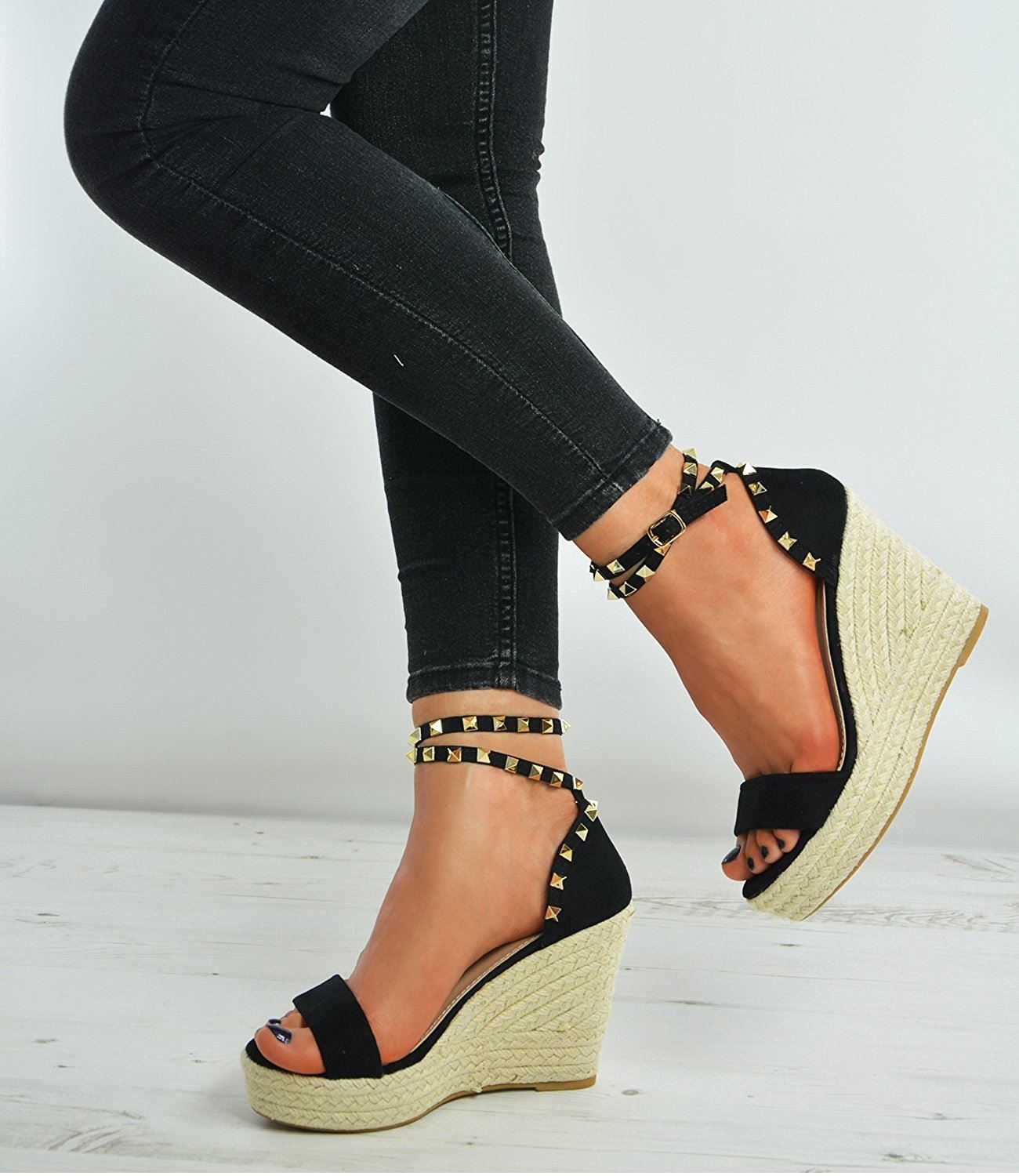 New Womens Womens Womens Studded Wedge Suede Effect Espadrille Ankle Strap shoes 5ede01 New Womens Womens Womens Studded Wedge Suede Effect Espadrille Ankle Strap shoes 5ede01