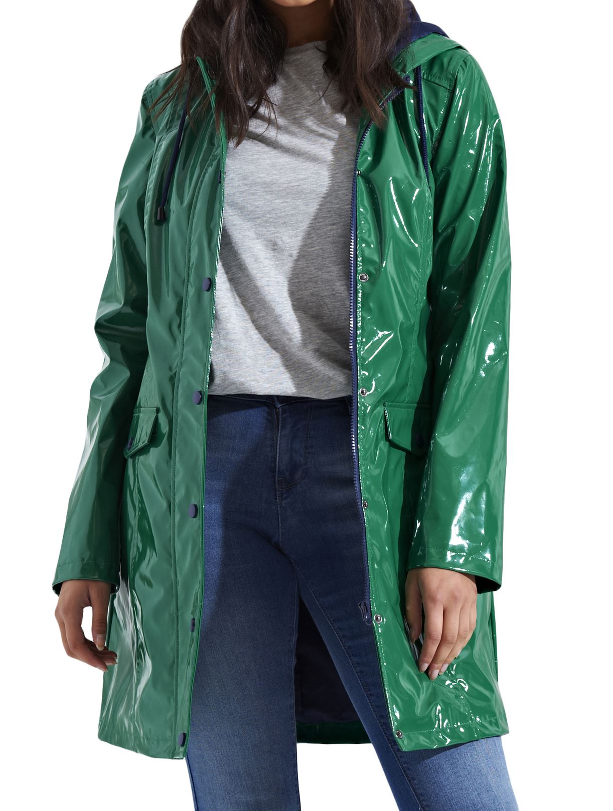 New Womens Glossy Shiny Hooded Lightweight Fashion Festival Coat Rain