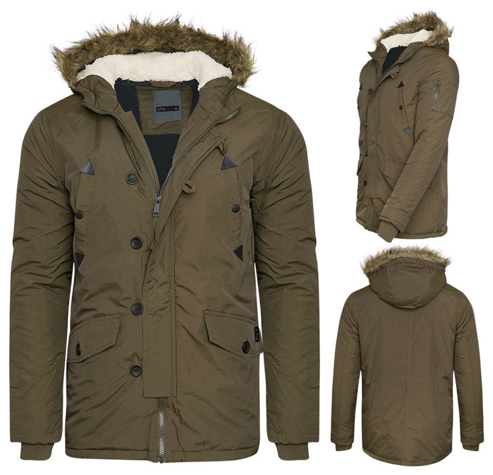New Mens Quilted Fashion Jacket Fur Hood Winter Pockets Padded Military Coat Top