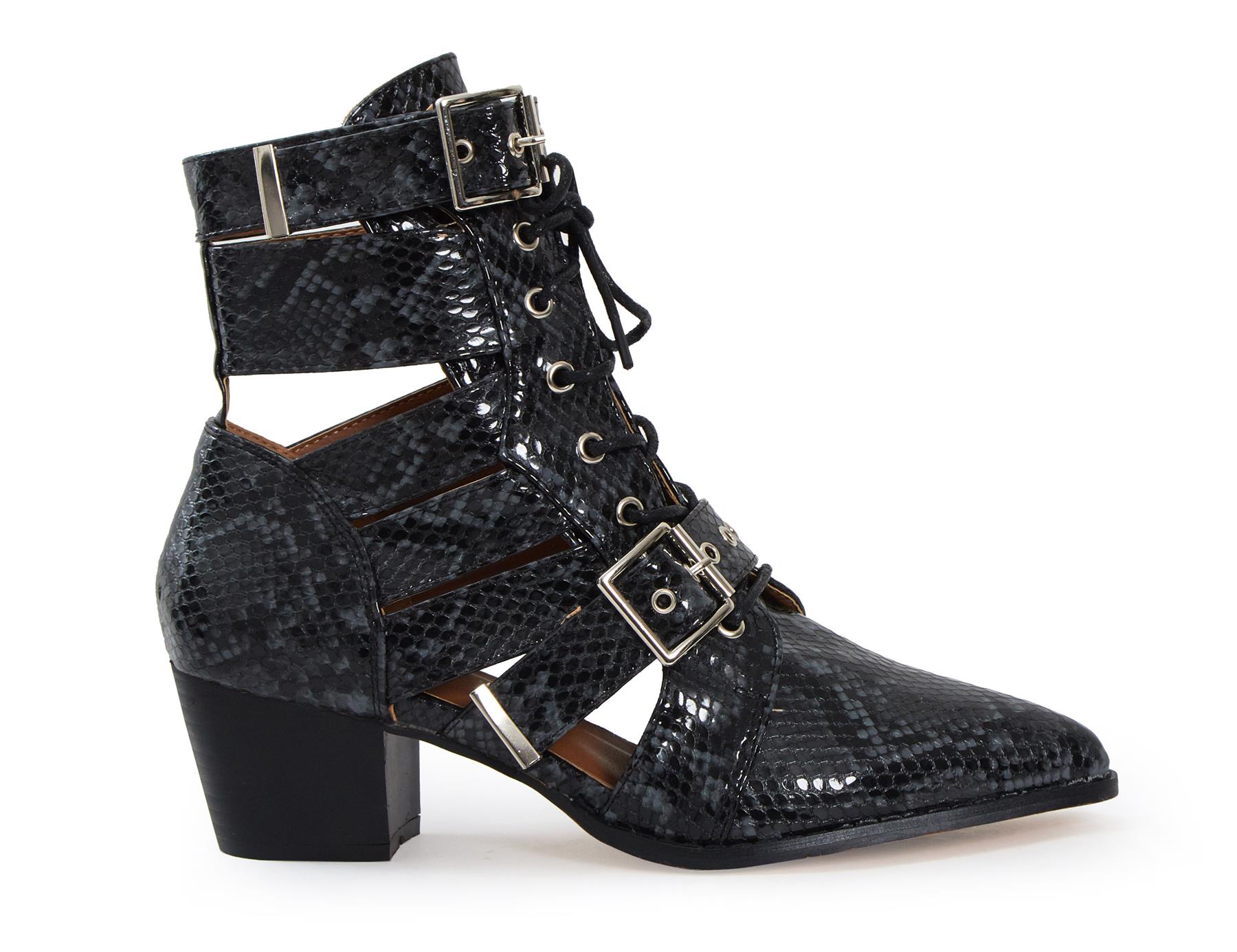 Ladies Black Snake PU Lace Up Buckle Ankle Womens Boots eBay