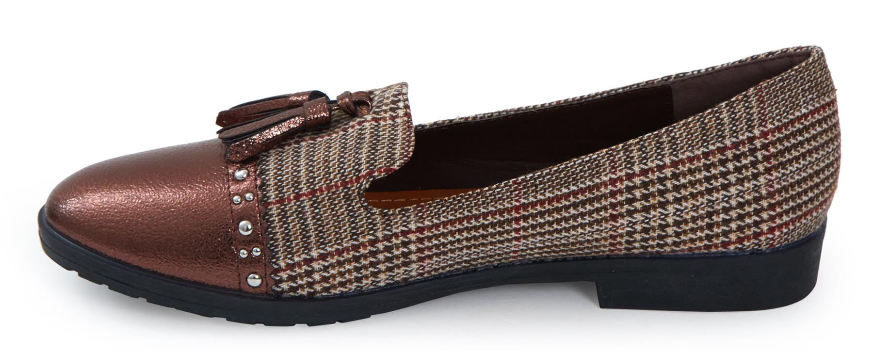 Ladies Low Wedge Heel Slip On Tartan Herringbone Metallic Brogue