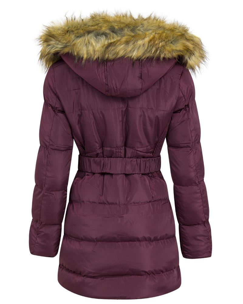 New Womens Parka Coat Jacket Fur Hood Side Ruched Long Polyester Fashion Coat