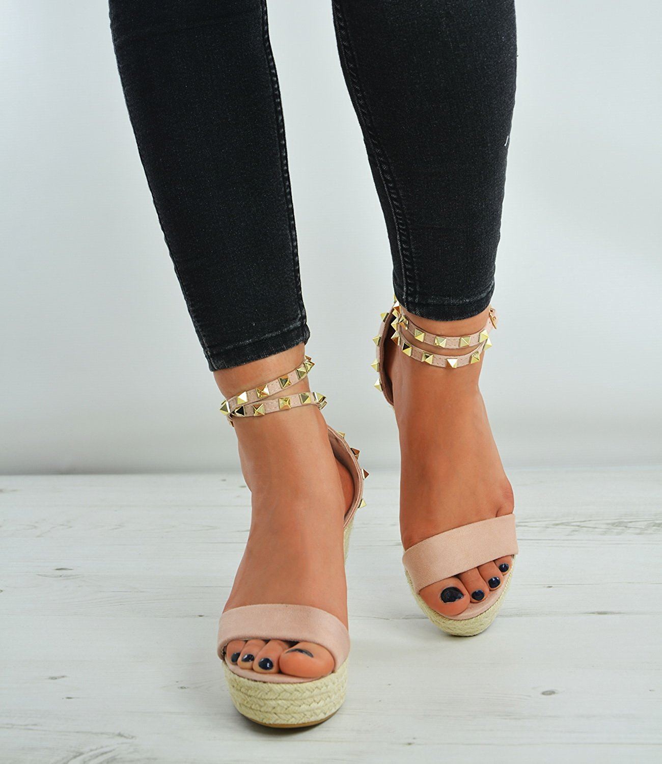 New Womens Suede Effect Studded Ankle Strap Wedge Espadrille Heels Shoes