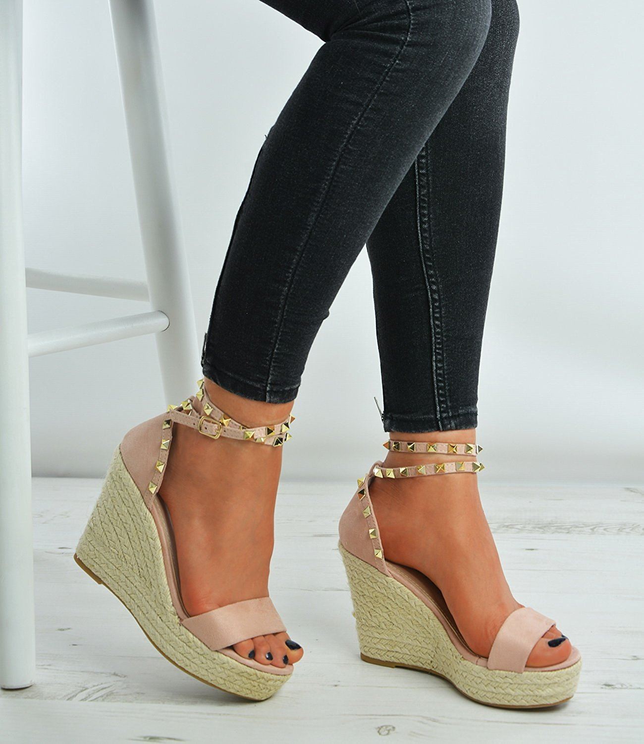New Womens Womens Womens Studded Wedge Suede Effect Espadrille Ankle Strap shoes 5ede01 New Womens Womens Womens Studded Wedge Suede Effect Espadrille Ankle Strap shoes 5ede01