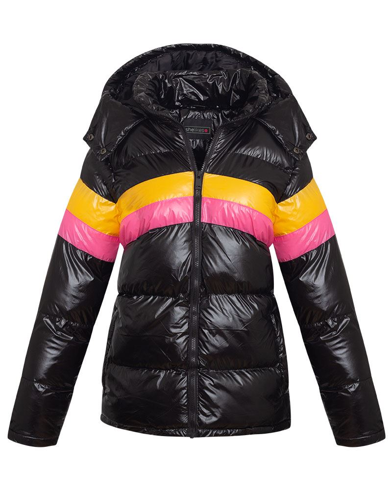 Womens Ladies Quilted Hooded Puffer Colour Block Shine Black Warm Jacket Coat - Picture 2 of 3