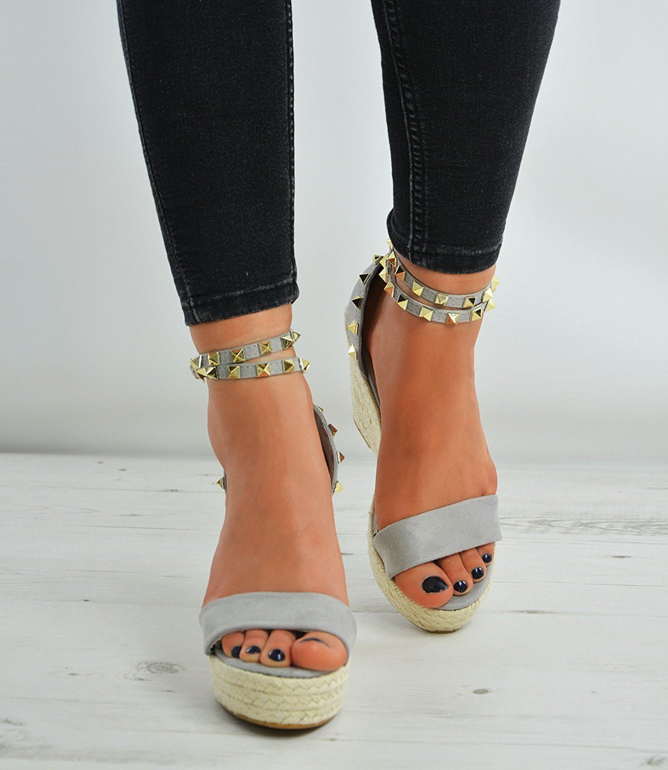 New Womens Suede Effect Studded Ankle Strap Wedge Espadrille Heels Shoes