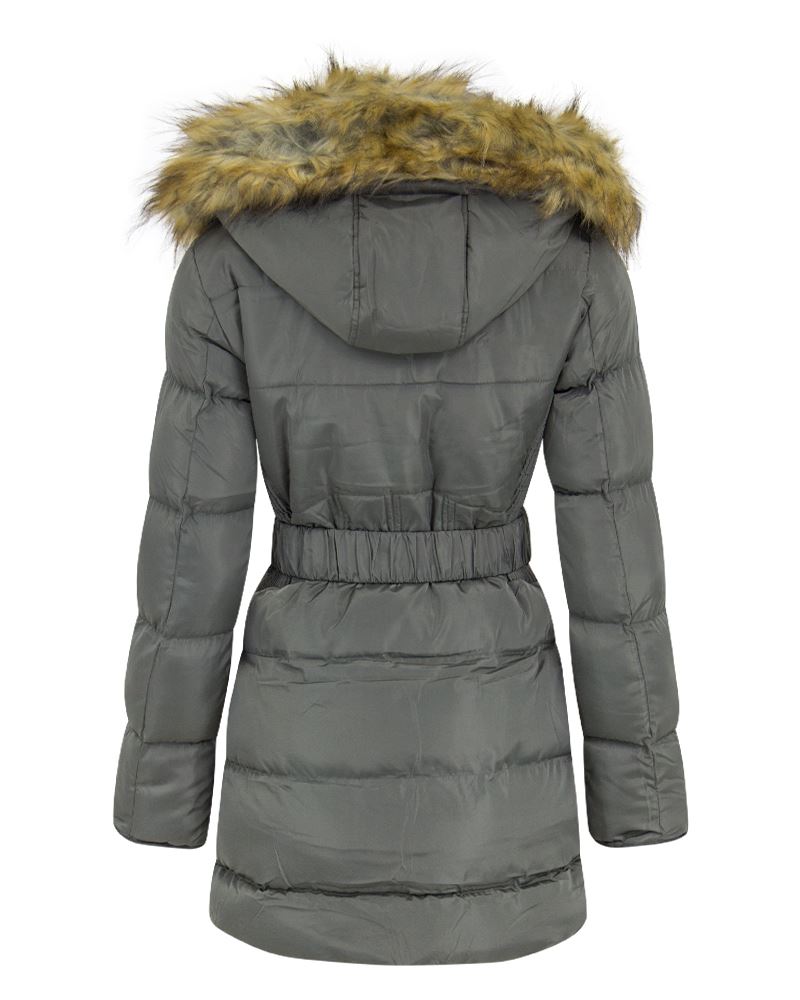 New Womens Parka Coat Jacket Fur Hood Side Ruched Long Polyester Fashion Coat