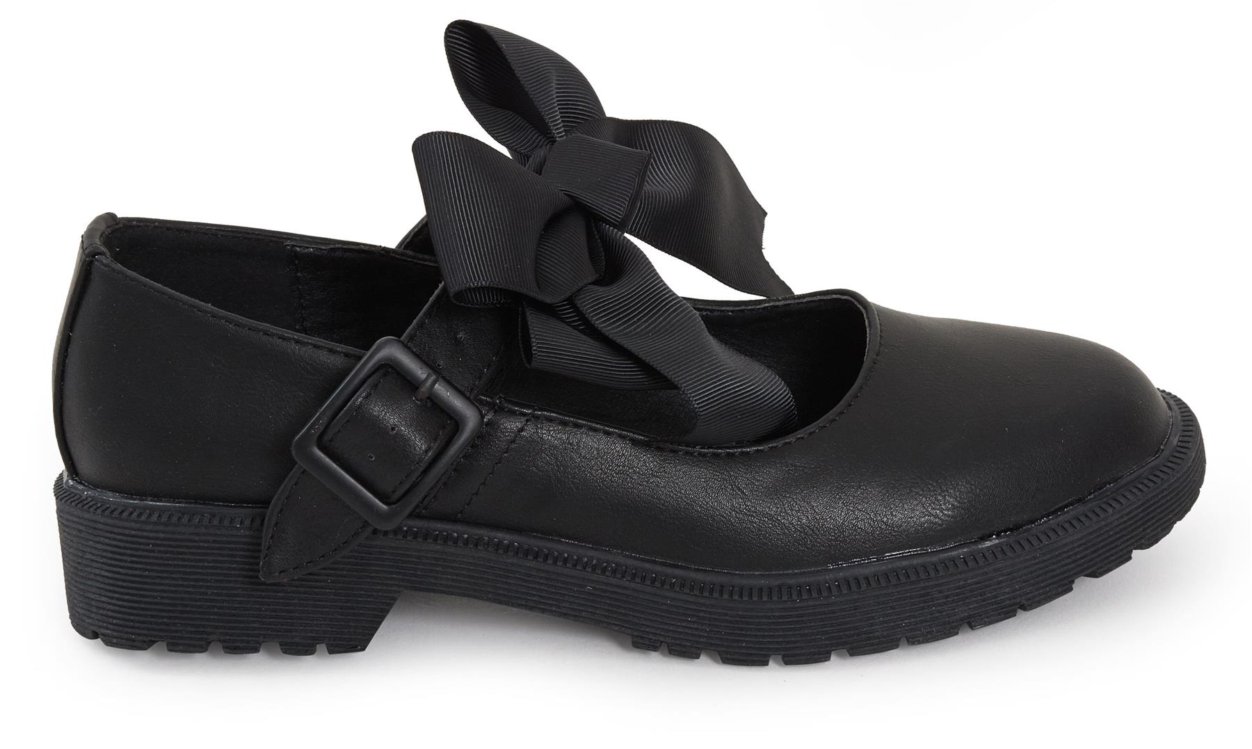 Girls Back To School Bow Black Patent Shiny Ankle Strap Mary Jane Shoes