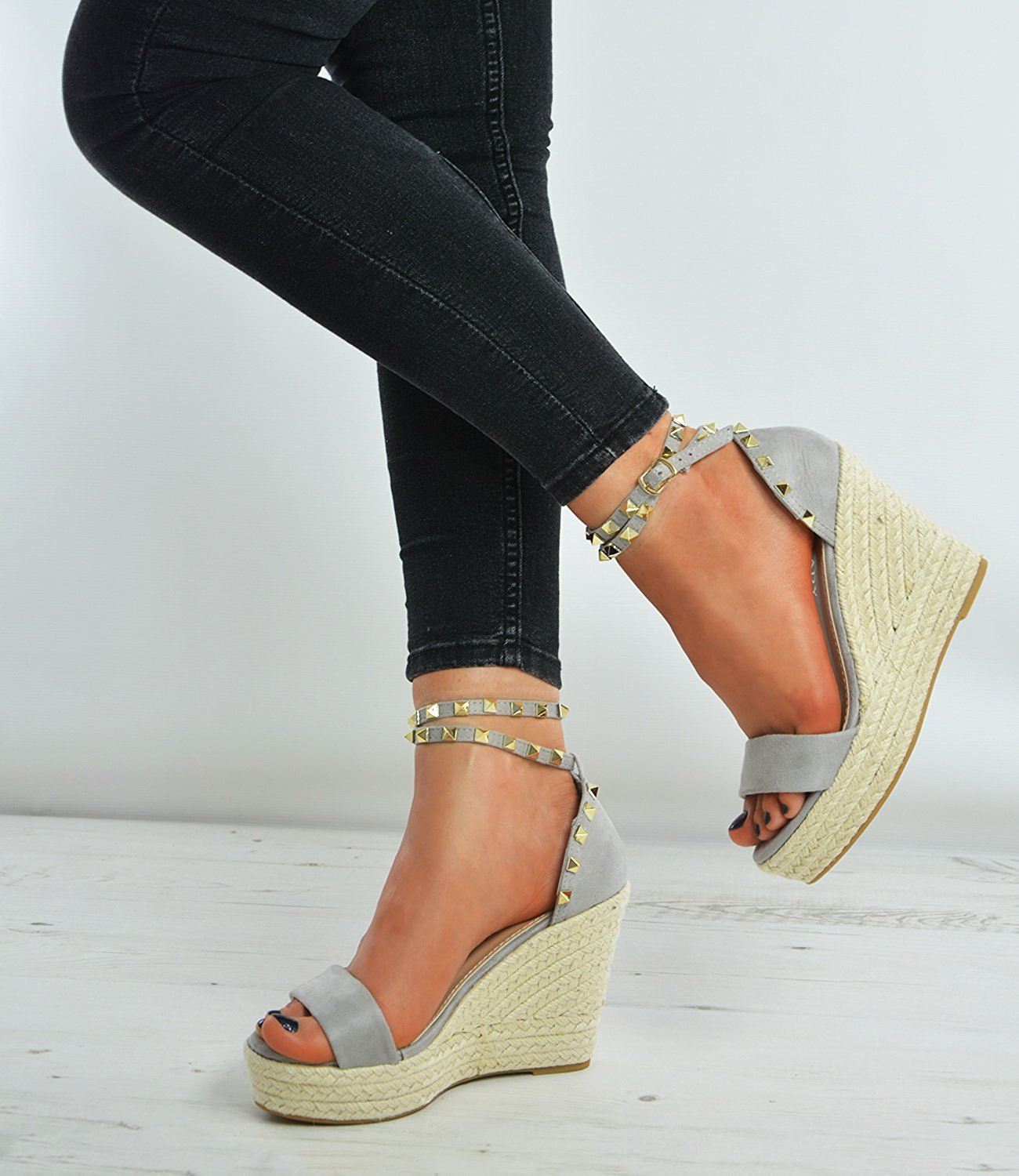 New Womens Womens Womens Studded Wedge Suede Effect Espadrille Ankle Strap shoes 5ede01 New Womens Womens Womens Studded Wedge Suede Effect Espadrille Ankle Strap shoes 5ede01