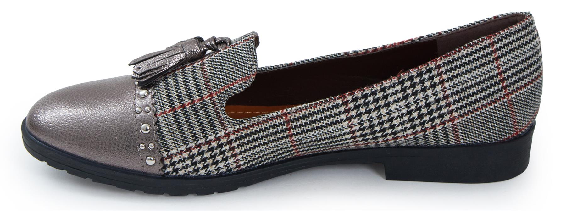 Ladies Low Wedge Heel Slip On Tartan Herringbone Metallic Brogue