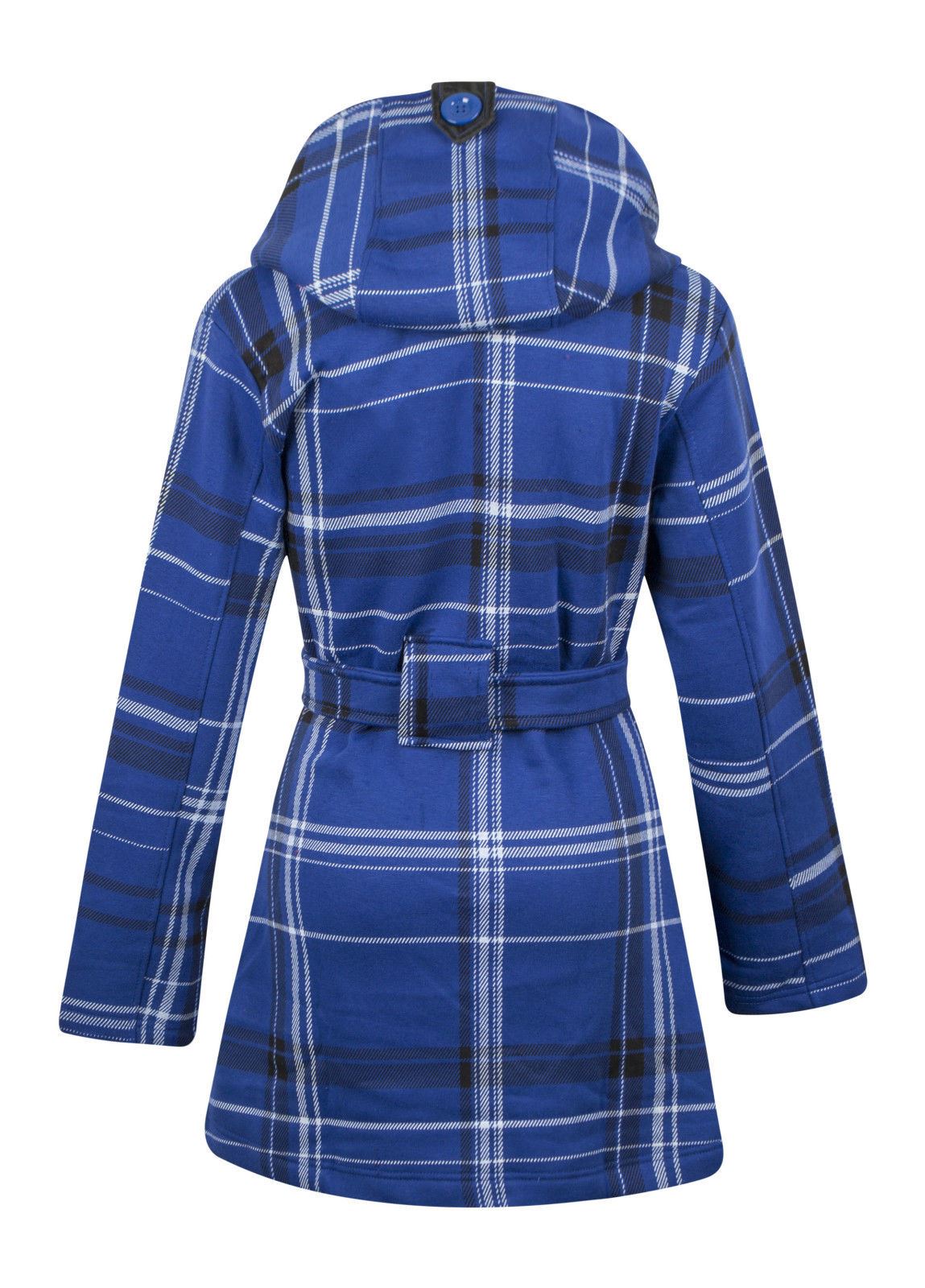 Womens Belted Ladies Check Hood Coat Fleece Hooded Button Jacket Size UK8-14