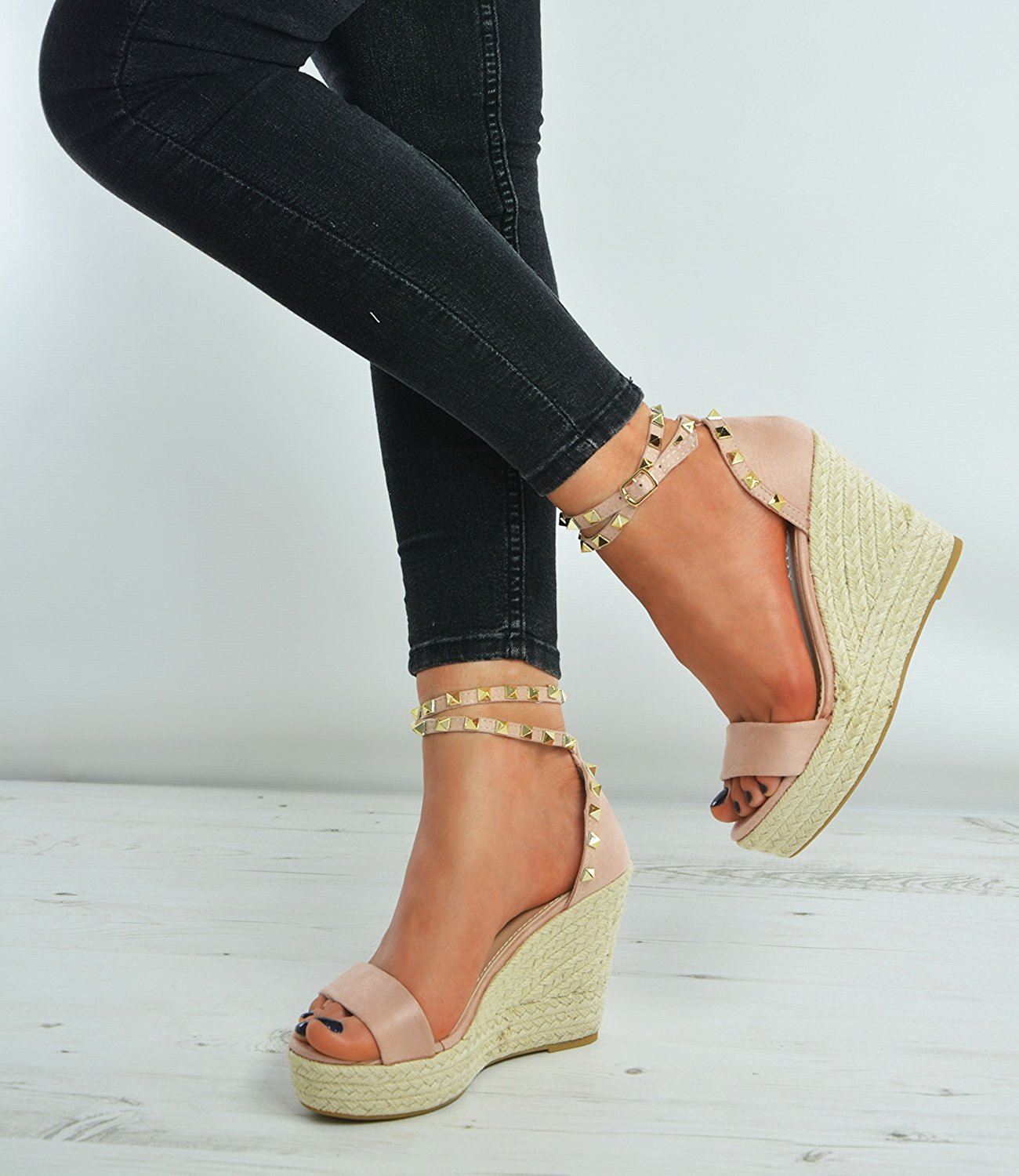 New Womens Womens Womens Studded Wedge Suede Effect Espadrille Ankle Strap shoes 5ede01 New Womens Womens Womens Studded Wedge Suede Effect Espadrille Ankle Strap shoes 5ede01