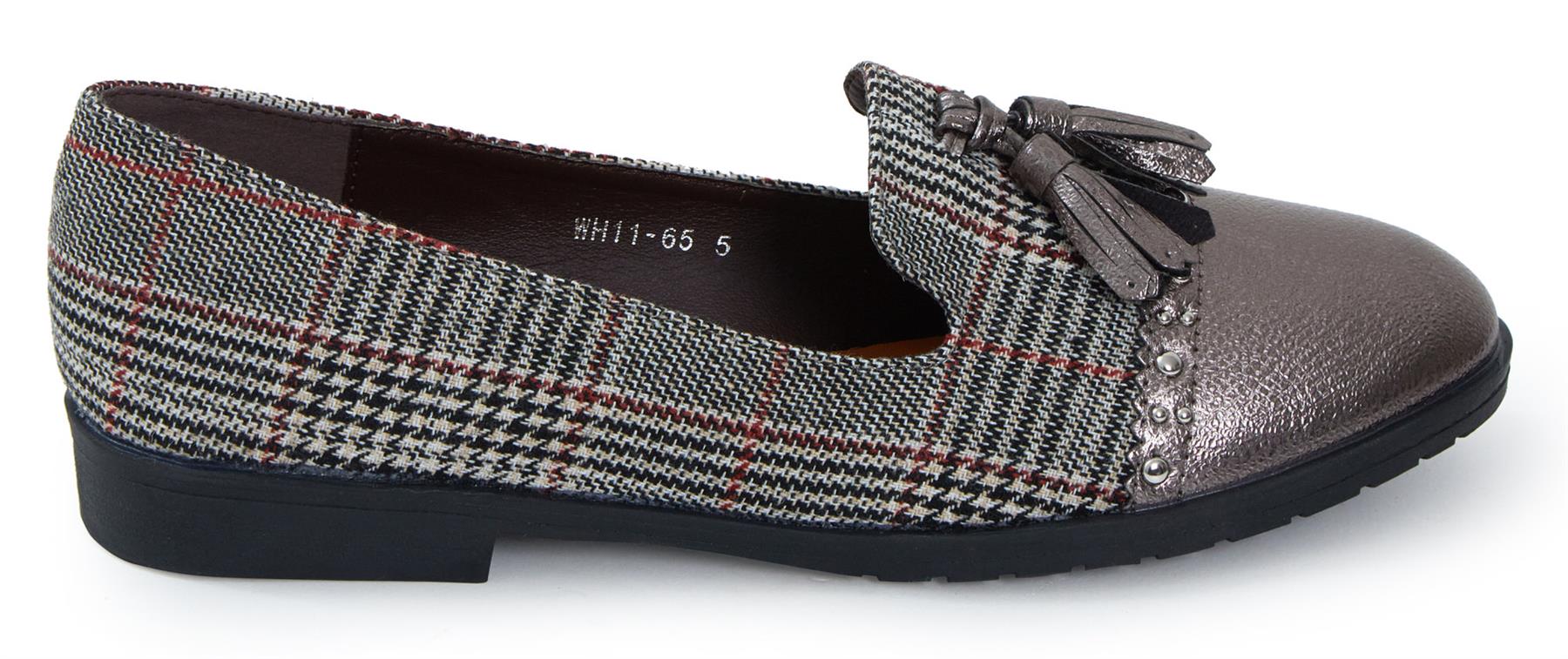 Ladies Low Wedge Heel Slip On Tartan Herringbone Metallic