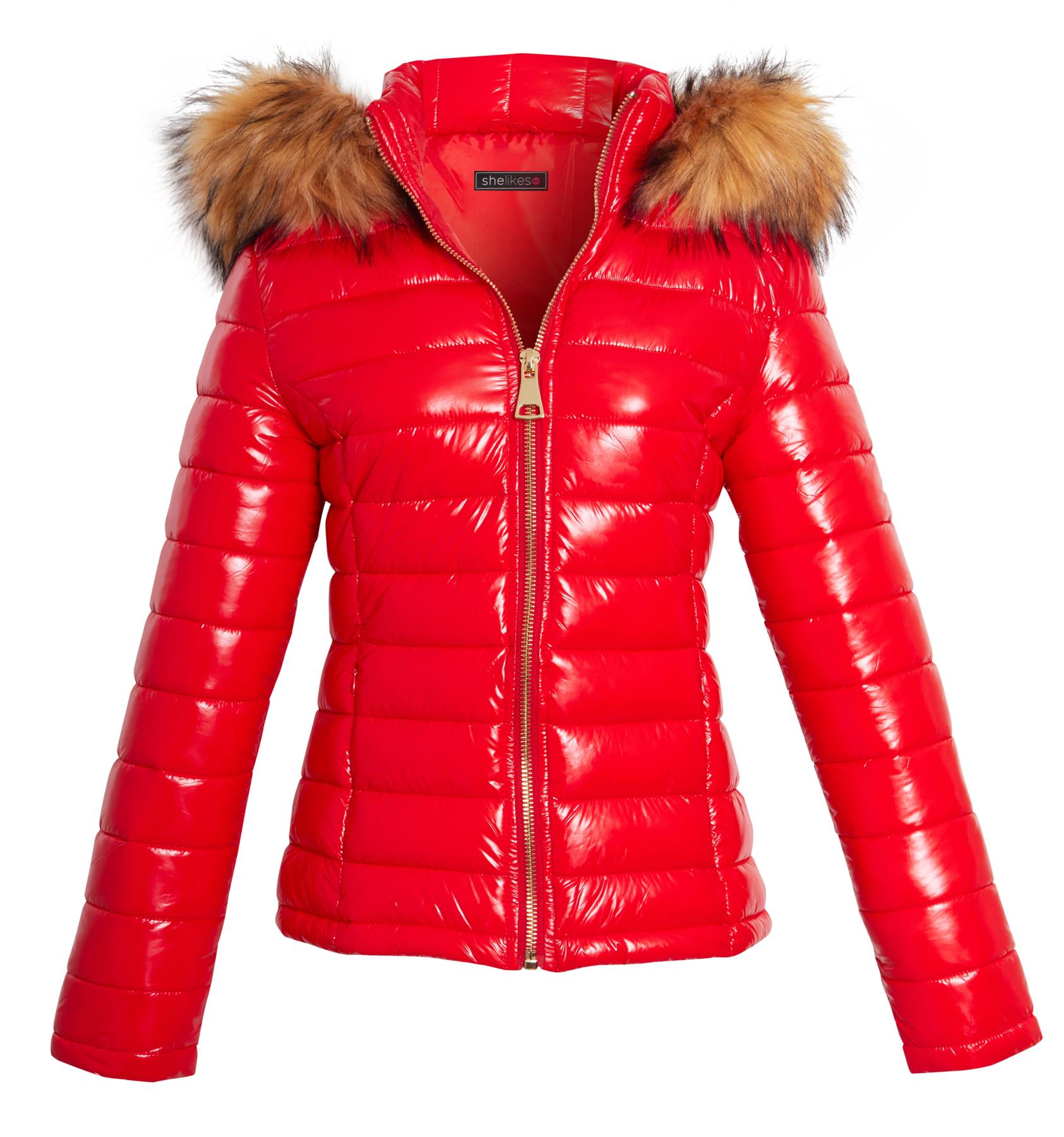 wet look jacket with fur hood