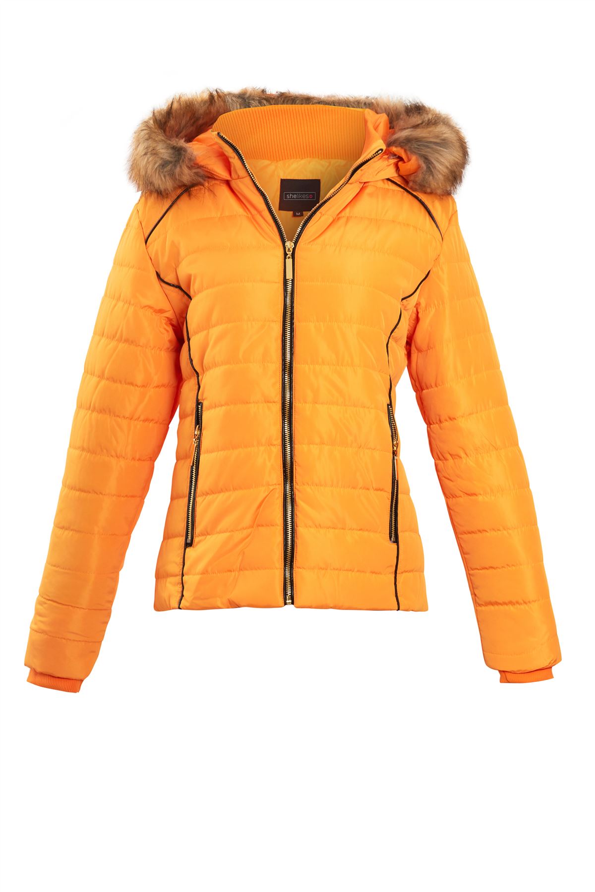 Womens Faux Fur Hood Hooded Padded Long Sleeve Ladies Quilted Jacket