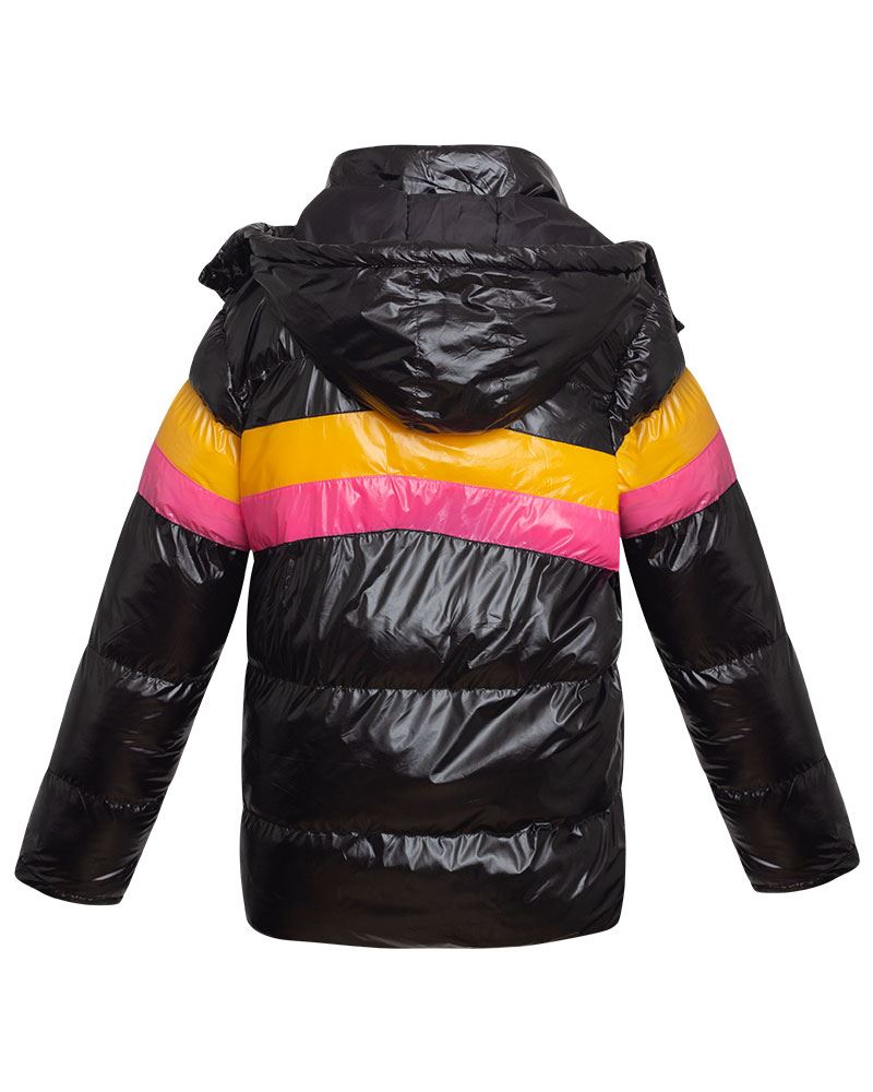 Womens Ladies Quilted Hooded Puffer Colour Block Shine Black Warm Jacket Coat - Picture 3 of 3