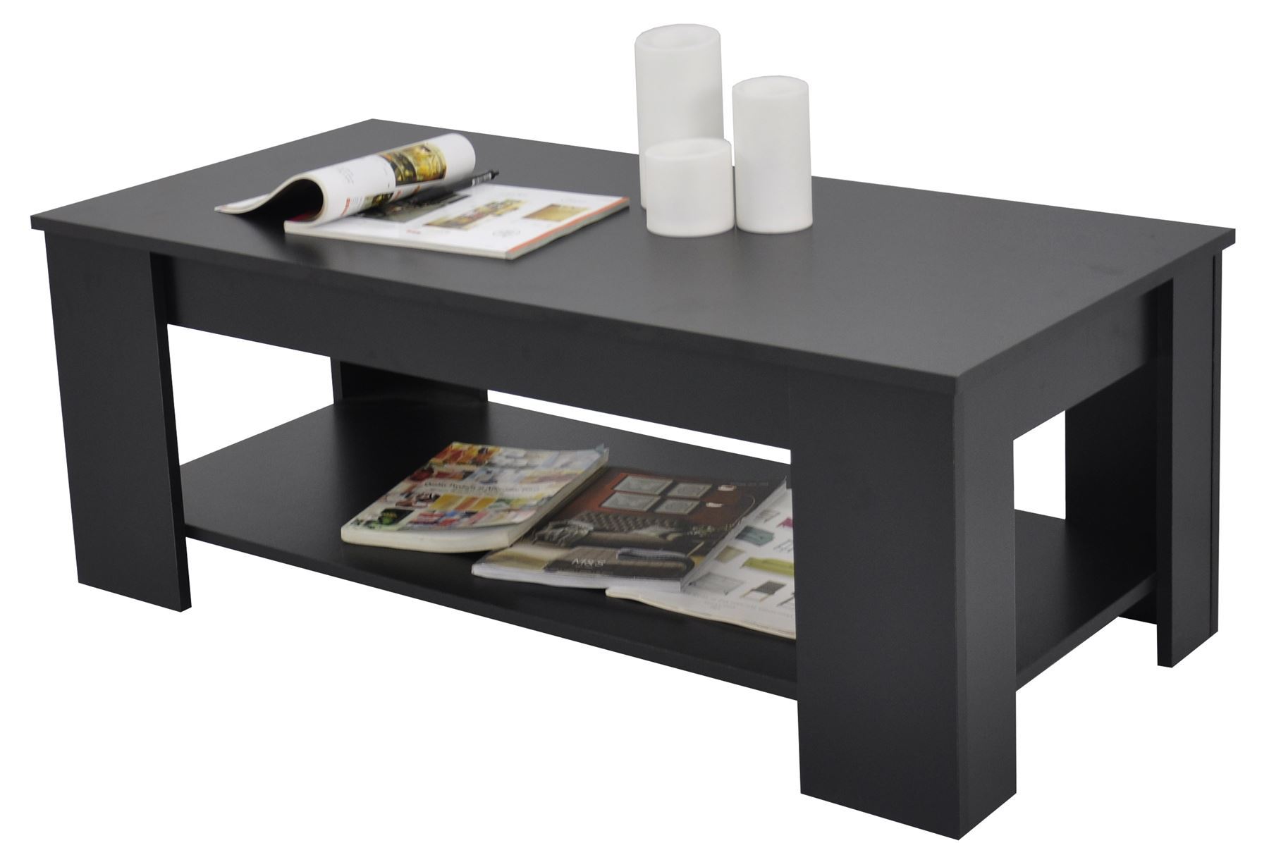 Stephanie Storage Large Solid Lift Up Coffee Table Black Shelf Modern