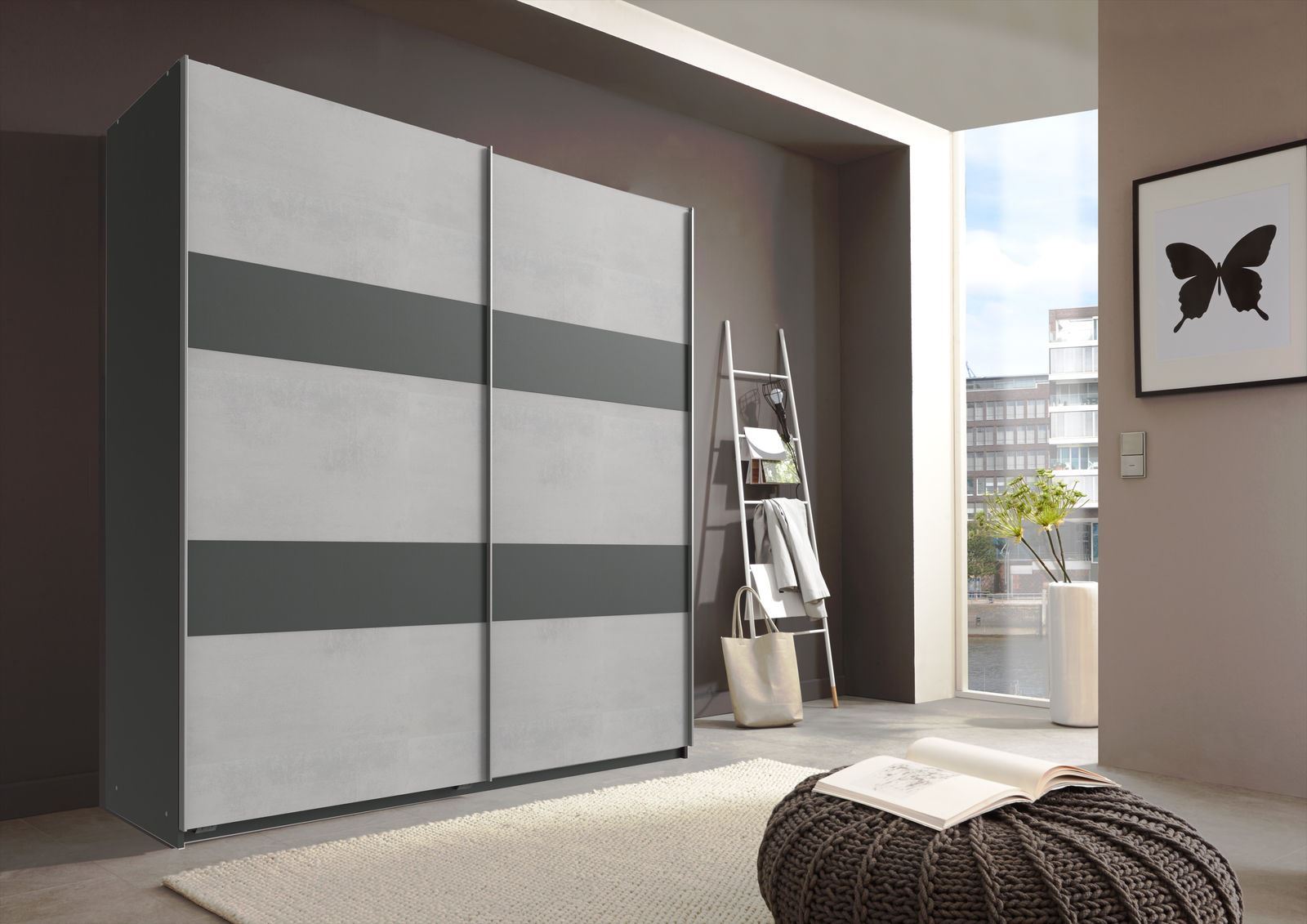 German Chess Concrete Grey Black 2 Door 135cm Sliding Slider